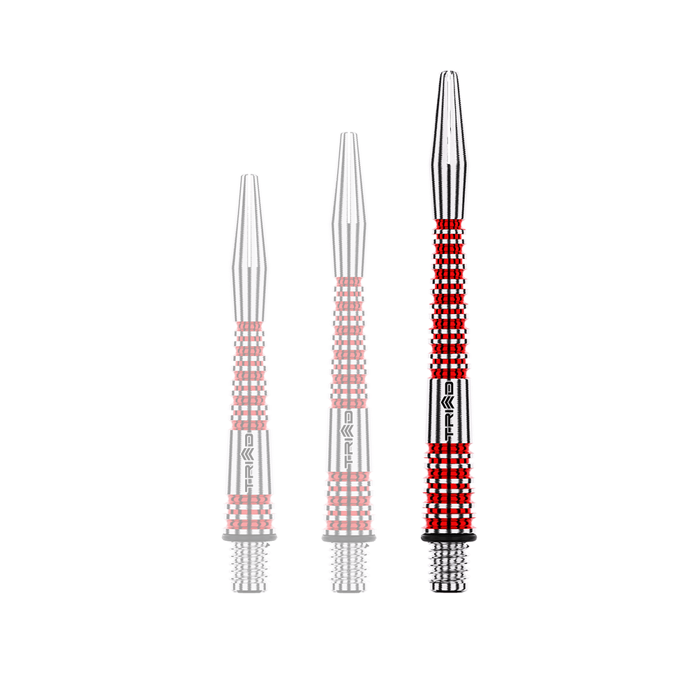 Winmau Triad RX Aluminium Shafts - Rot Das Bild zeigt drei unterschiedlich lange, rot-silberne Aluminium-Dartschäfte. Sie sind mit gerillten Strukturen für besseren Halt versehen.