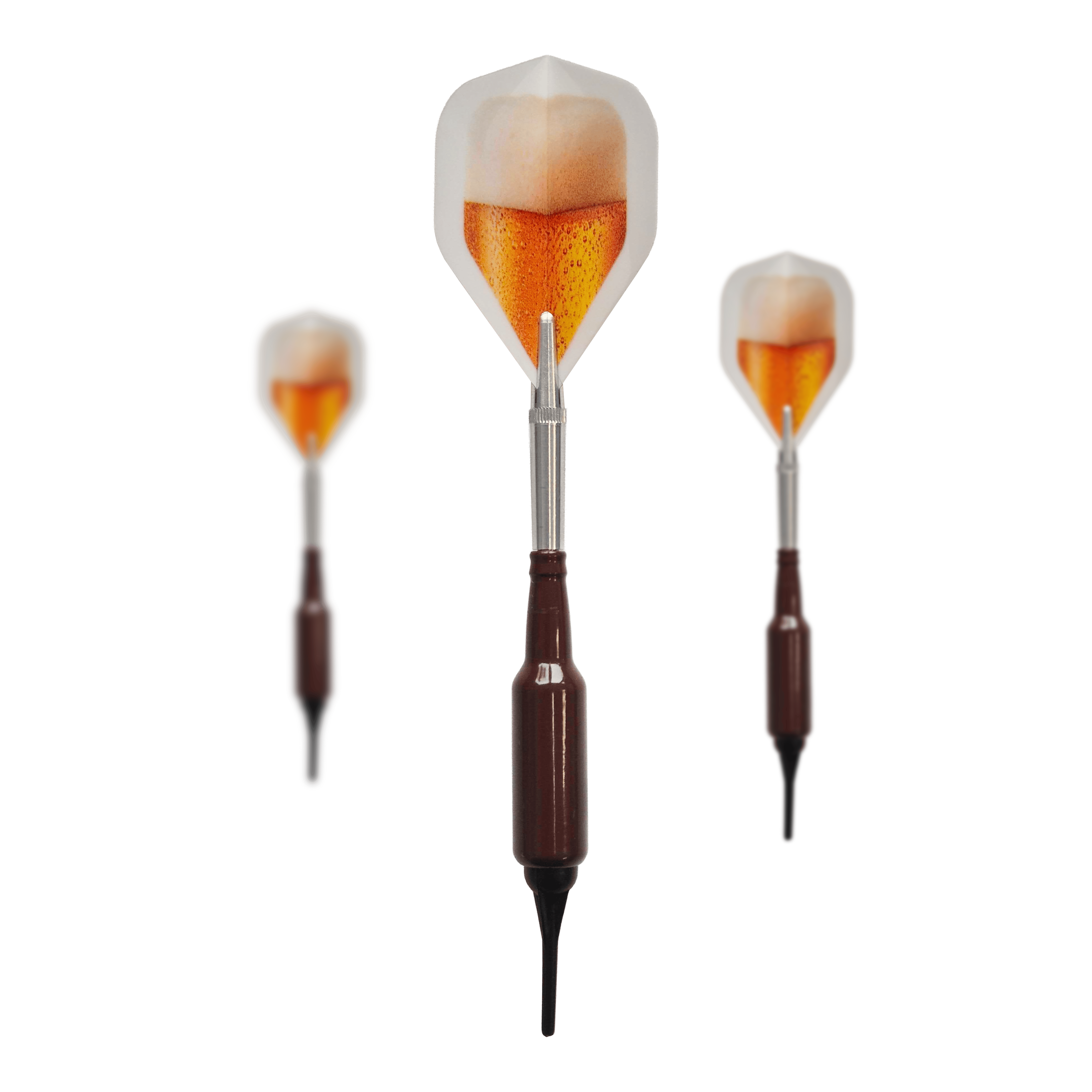 Abgebildet ist ein Set McDart Prost Bierflaschen Softdarts mit 100 Softdartspitzen, 16,5 g. Diese Softdarts haben die Form einer Bierflasche und eignen sich ideal als Geschenk.