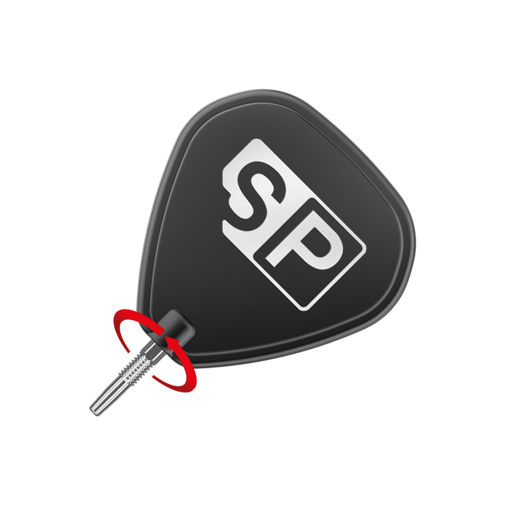 Target Swiss Firepoint Silver dart tips Das Bild zeigt eine schwarze Dartspitze mit der Aufschrift "SP" in Weiß. Neben der Spitze befindet sich ein roter Pfeil, der eine Drehbewegung anzeigt.