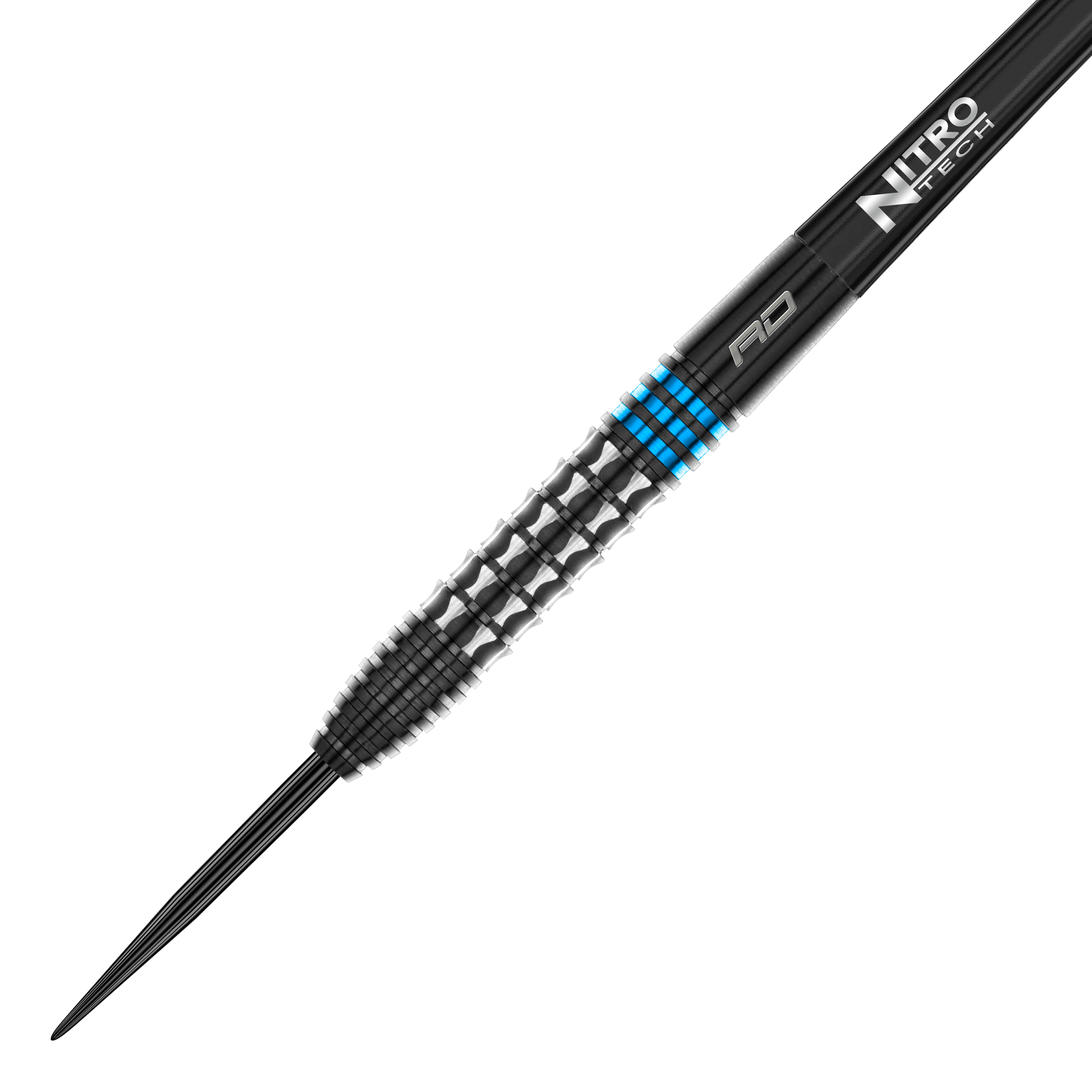 Red Dragon Vengeance Blue Steel Darts Das Bild zeigt einen Red Dragon Vengeance Blue Steeldart. Der Dartpfeil ist schwarz mit blauen Akzenten und hat eine strukturierte Griffoberfläche.