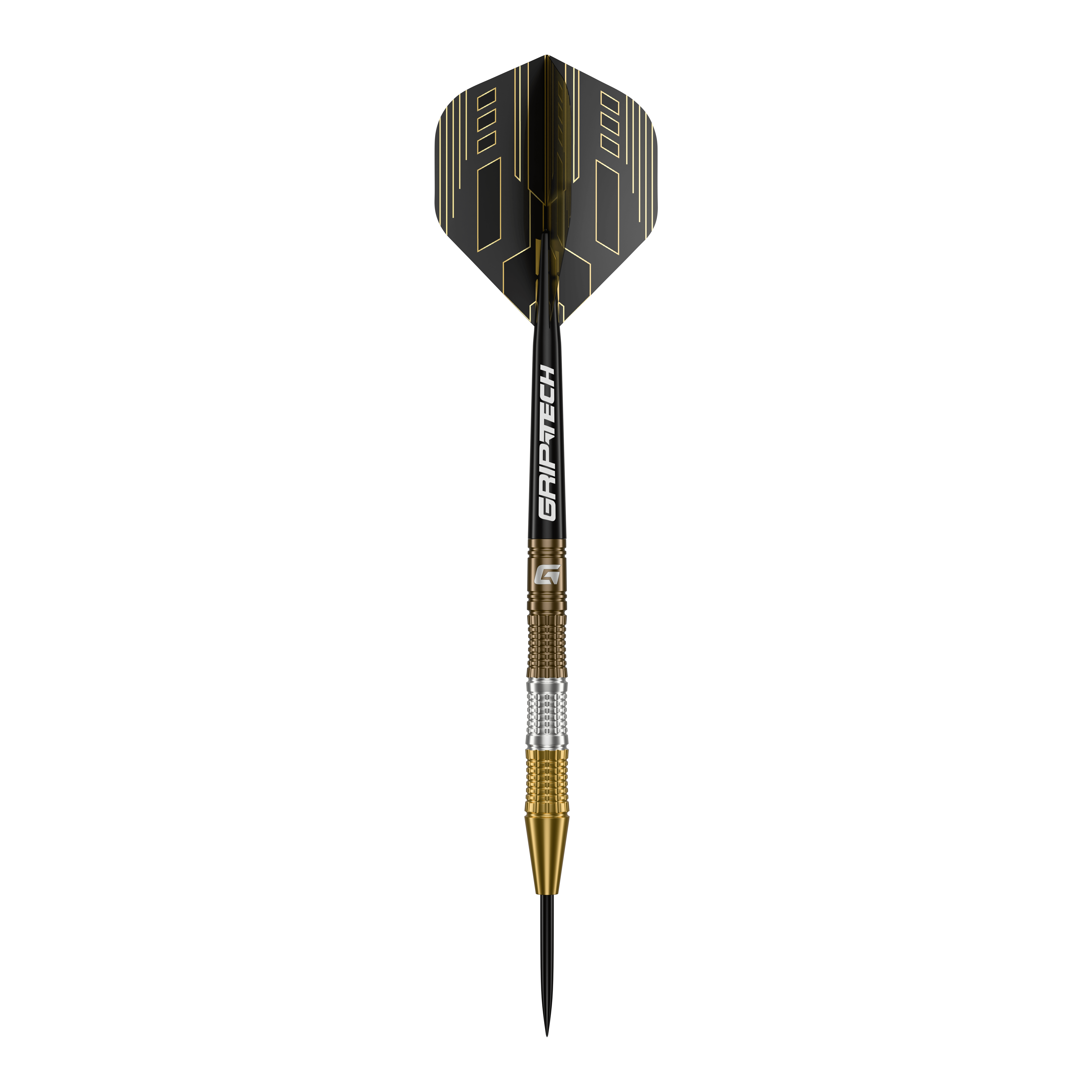 GOAT Ceremony Tungsten Steel Darts Das Bild zeigt einen GOAT Ceremony Tungsten Steeldart mit einem eleganten Design in Gold, Silber und Schwarz. Auf dem Schaft steht der Schriftzug "GRIP-TECH".