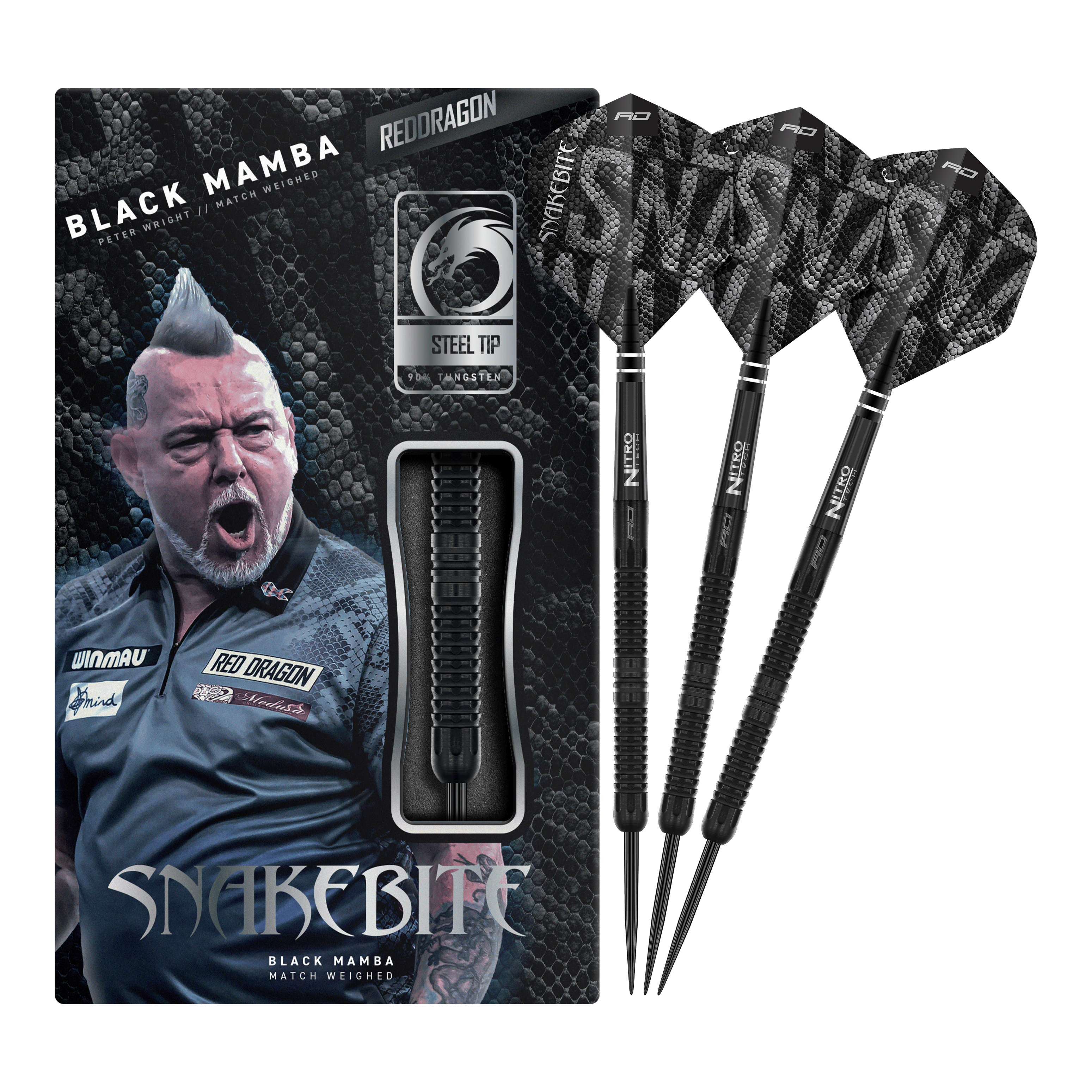 Red Dragon Peter Wright Snakebite Black Mamba Steeldarts Abgebildet ist der Red Dragon Peter Wright Snakebite Black Mamba Steeldart. Das Produkt zeichnet sich durch sein schwarzes Design und hochwertige Verarbeitung aus.