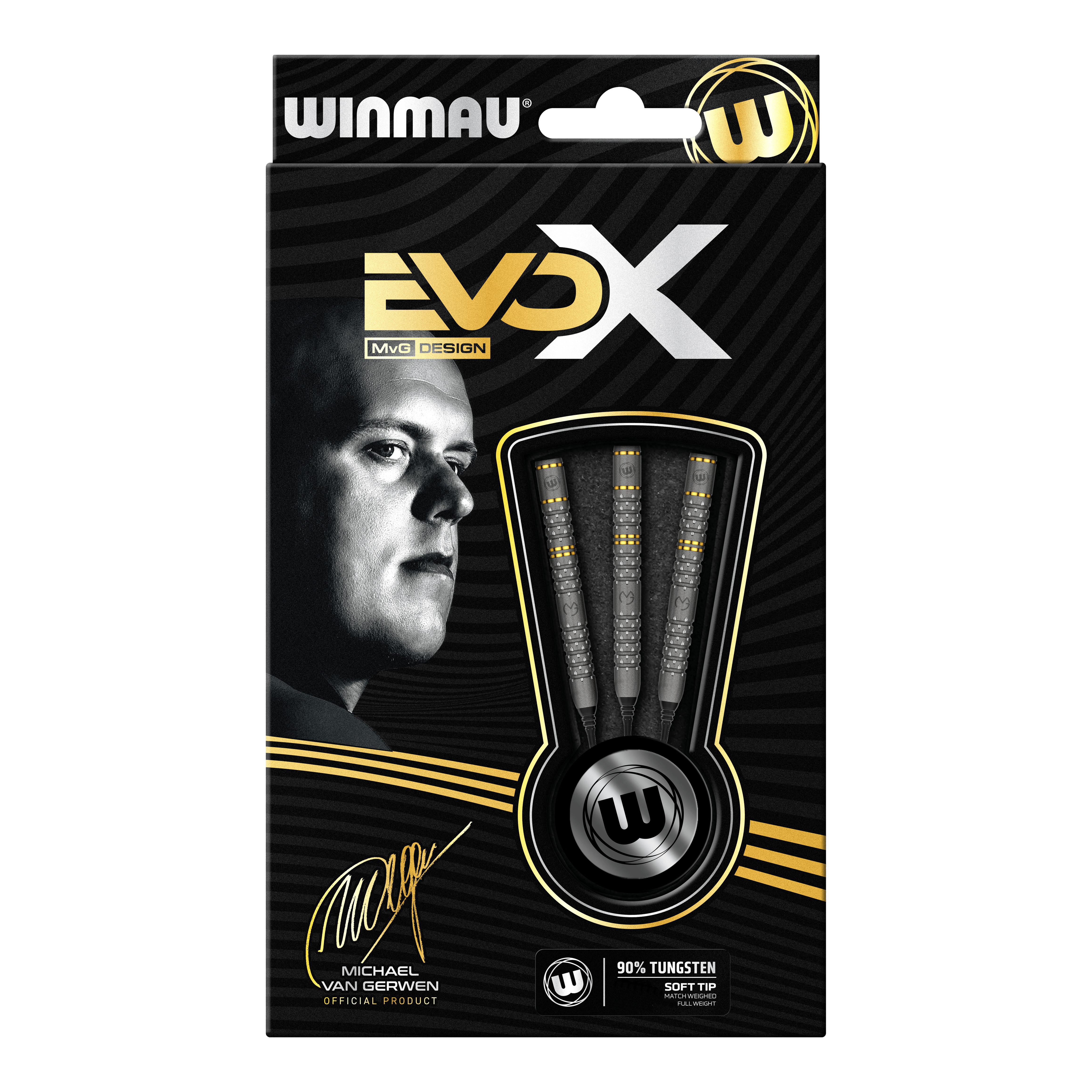Die Abbildung zeigt die Verpackung der "Winmau Michael Van Gerwen Evo-X Softdarts - 20g". Auf der Vorderseite sind drei Softdarts sowie ein Porträt von Michael Van Gerwen zu sehen.