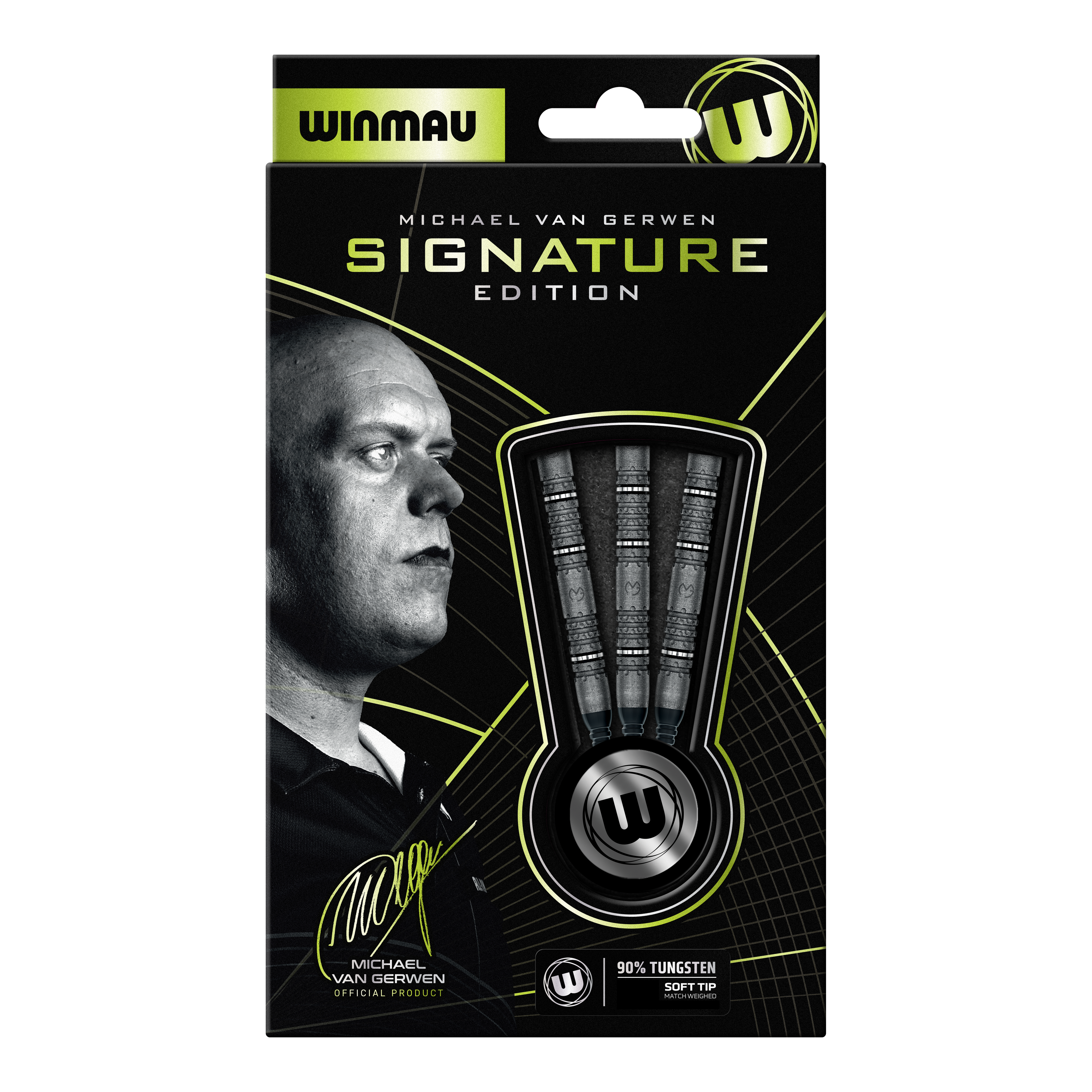 Abgebildet sind die Winmau Michael Van Gerwen Signature Edition Softdarts mit 20g Gewicht. Die Aufnahme zeigt drei einzelne Softdarts.