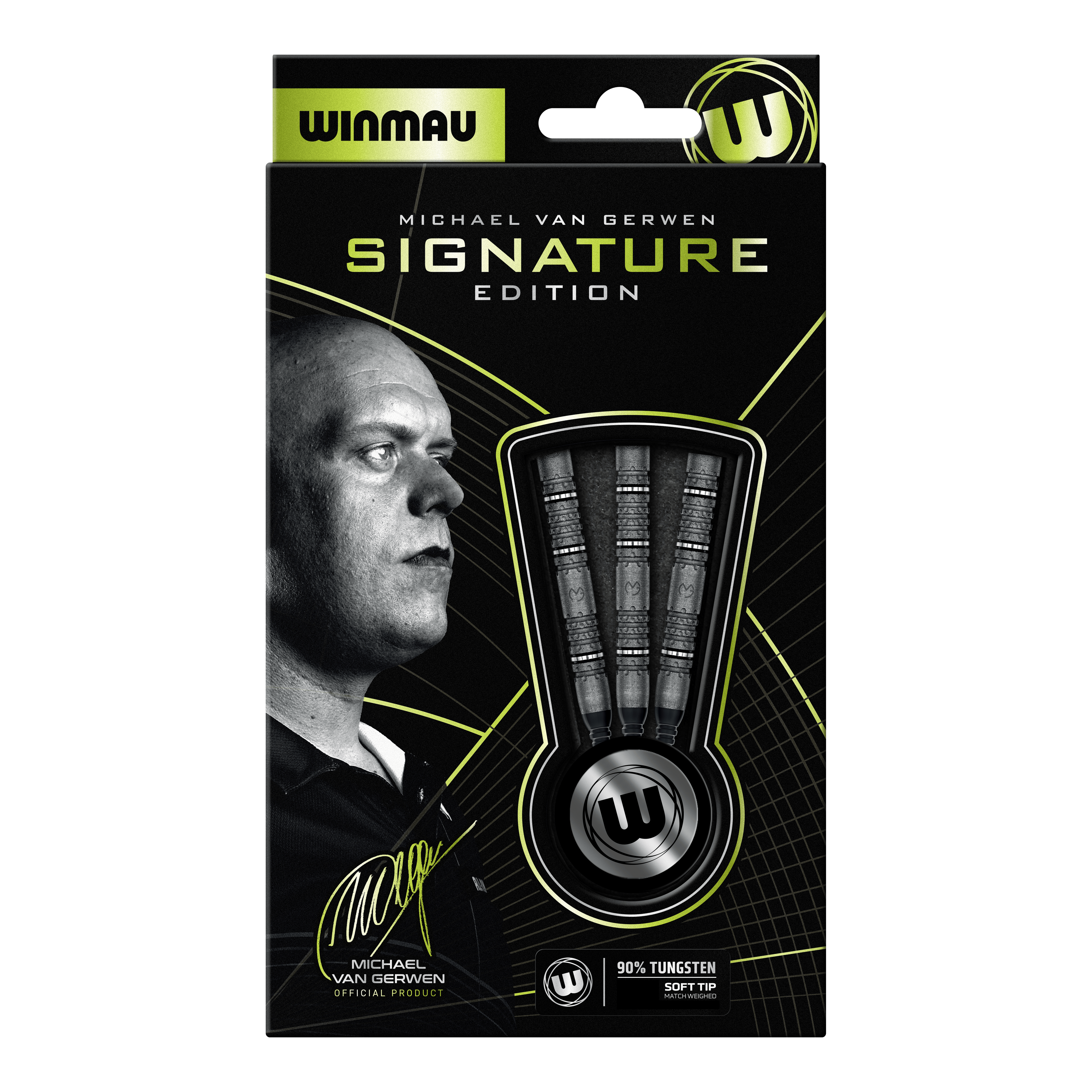 Winmau Michael Van Gerwen Signature Edition Softdarts - 20g Abgebildet sind die Winmau Michael Van Gerwen Signature Edition Softdarts mit 20g Gewicht. Die Aufnahme zeigt drei einzelne Softdarts.