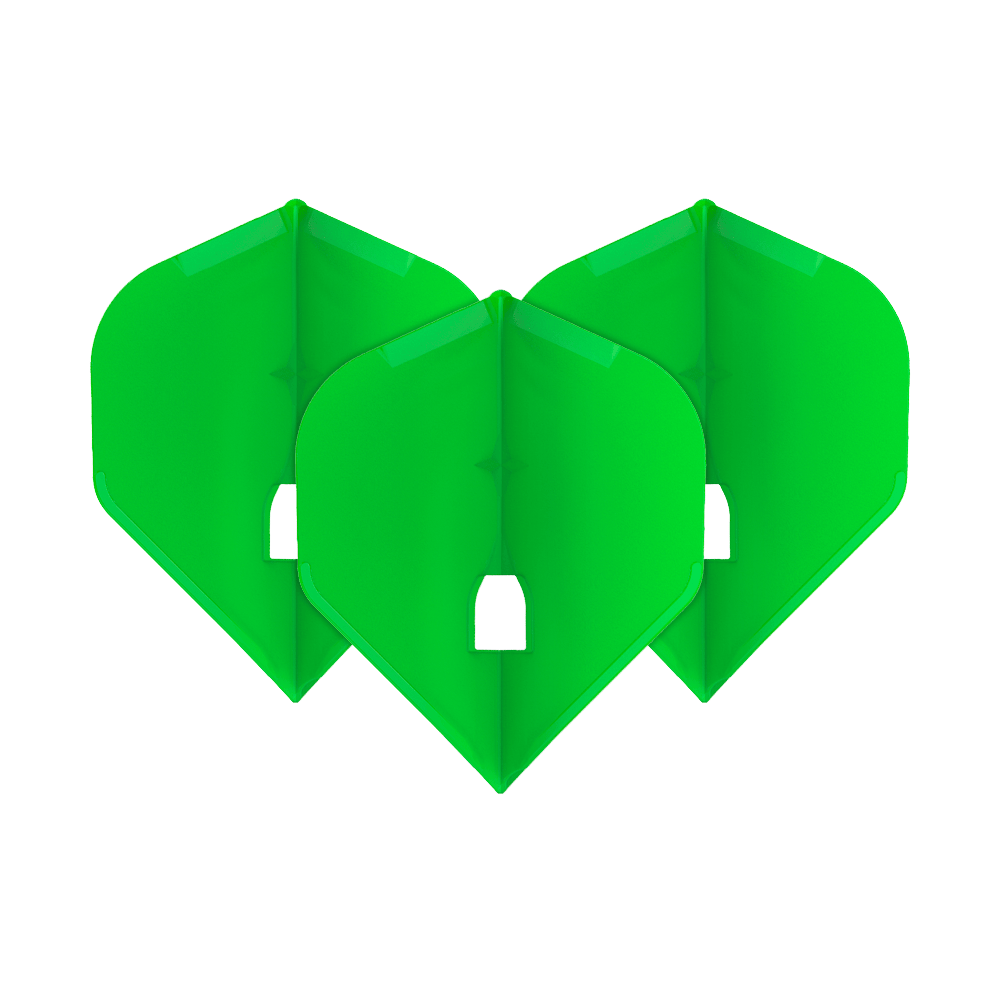 Auf dem Bild sind drei grüne Dartflights zu sehen, die nebeneinander angeordnet sind. Sie haben eine klassische, symmetrische Form und sind leuchtend grün.