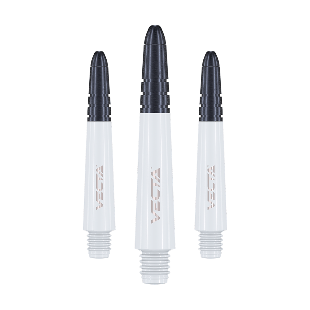 7025-102_Winmau_Vecta_Shafts_Weiss_34mm_1 Das Bild zeigt drei weiße Winmau Vecta Shafts für Darts. Die Shafts haben schwarze Spitzen und ein modernes Design.