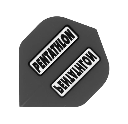 P53_Pentathlon_P53_Grau_Standard_Flights_1 Das Bild zeigt ein graues Dartflight mit der Aufschrift "PENTATHLON" in weiß und schwarz. Es handelt sich um das Modell "Pentathlon P53 Grau Standard Flights".