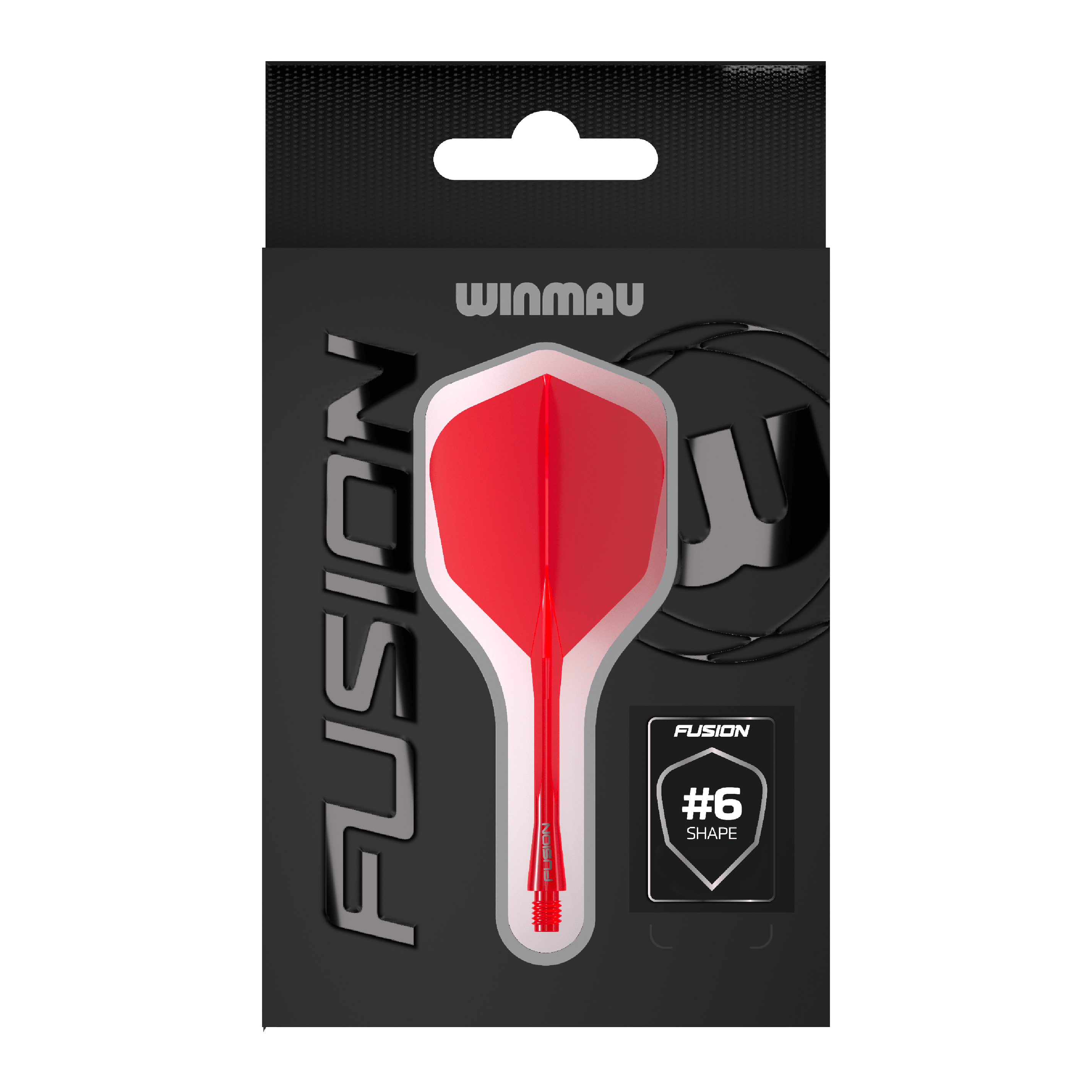 Hier ist das Winmau Fusion Flight-Shaft-System No6 in Rot abgebildet. Dieses Produkt ist ideal für Dartspieler geeignet.