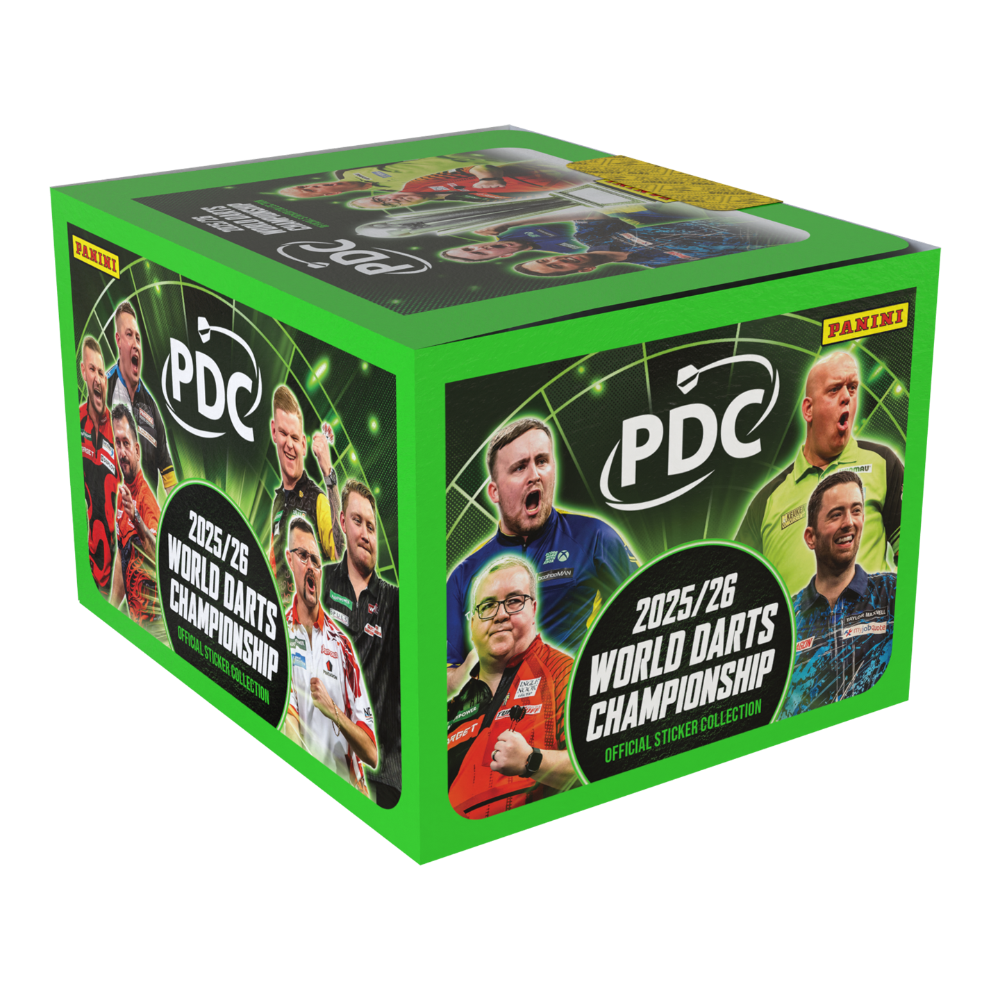 Zu sehen ist das Panini PDC World Darts Championship 2025/26 Hardcover Bundle mit einer Stickerbox. Es beinhaltet ein hochwertiges Album mit einer Box Sticker zur WM.