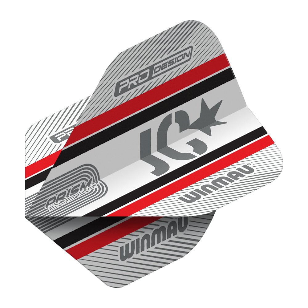 Winmau Alpha Joe Cullen Cullen 85 Standard Flights Das Bild zeigt die Winmau Alpha Joe Cullen 85 Standard Flights für Darts. Das Design ist in Silber, Rot, Schwarz und Weiß gehalten und trägt die Logos "Winmau" und "JC".