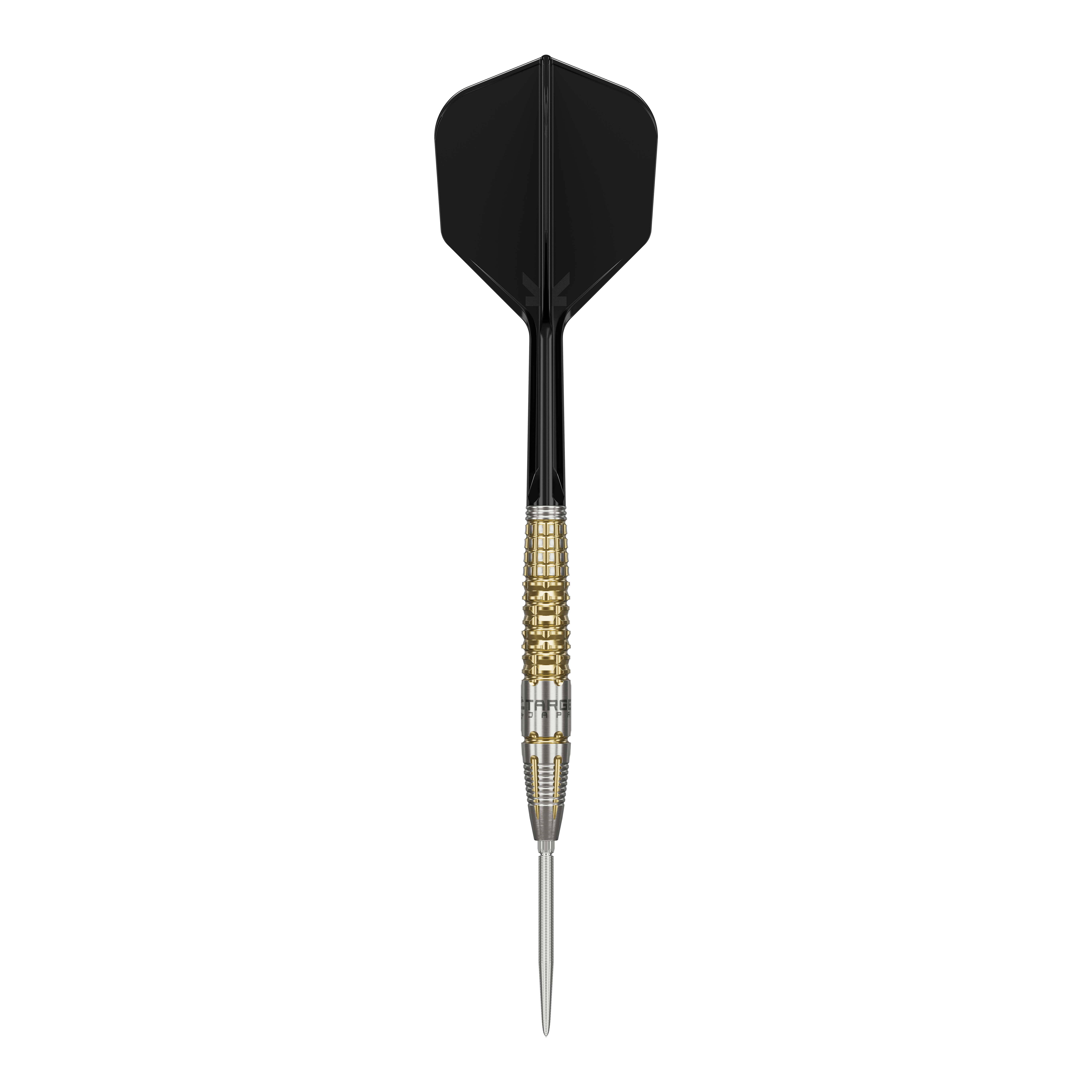 Target Black Marque Warrior Swiss Point Steel Darts Das Bild zeigt einen Target Black Marque Warrior Swiss Point Steeldart. Der Dart hat eine schwarze Flight, einen gold-silbernen Griffbereich und eine spitze Stahlspitze.