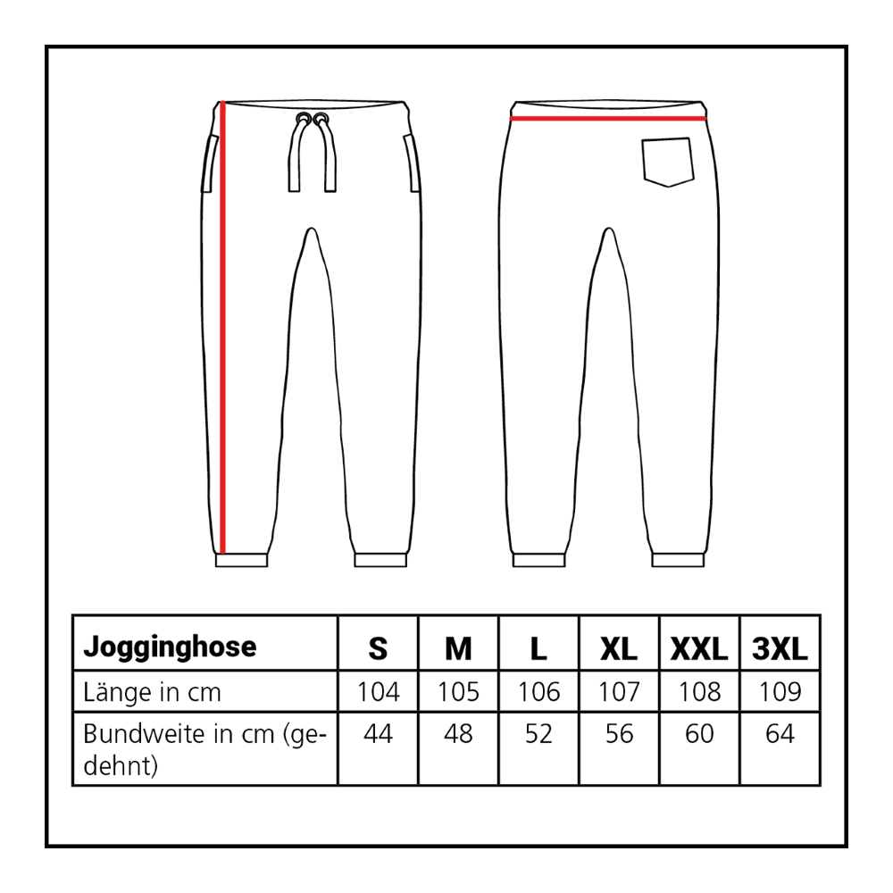 Lion Collection Joggers Abgebildet ist die Größentabelle für die Löwen Kollektion Jogger. Die Tabelle hilft bei der Auswahl der passenden Größe.