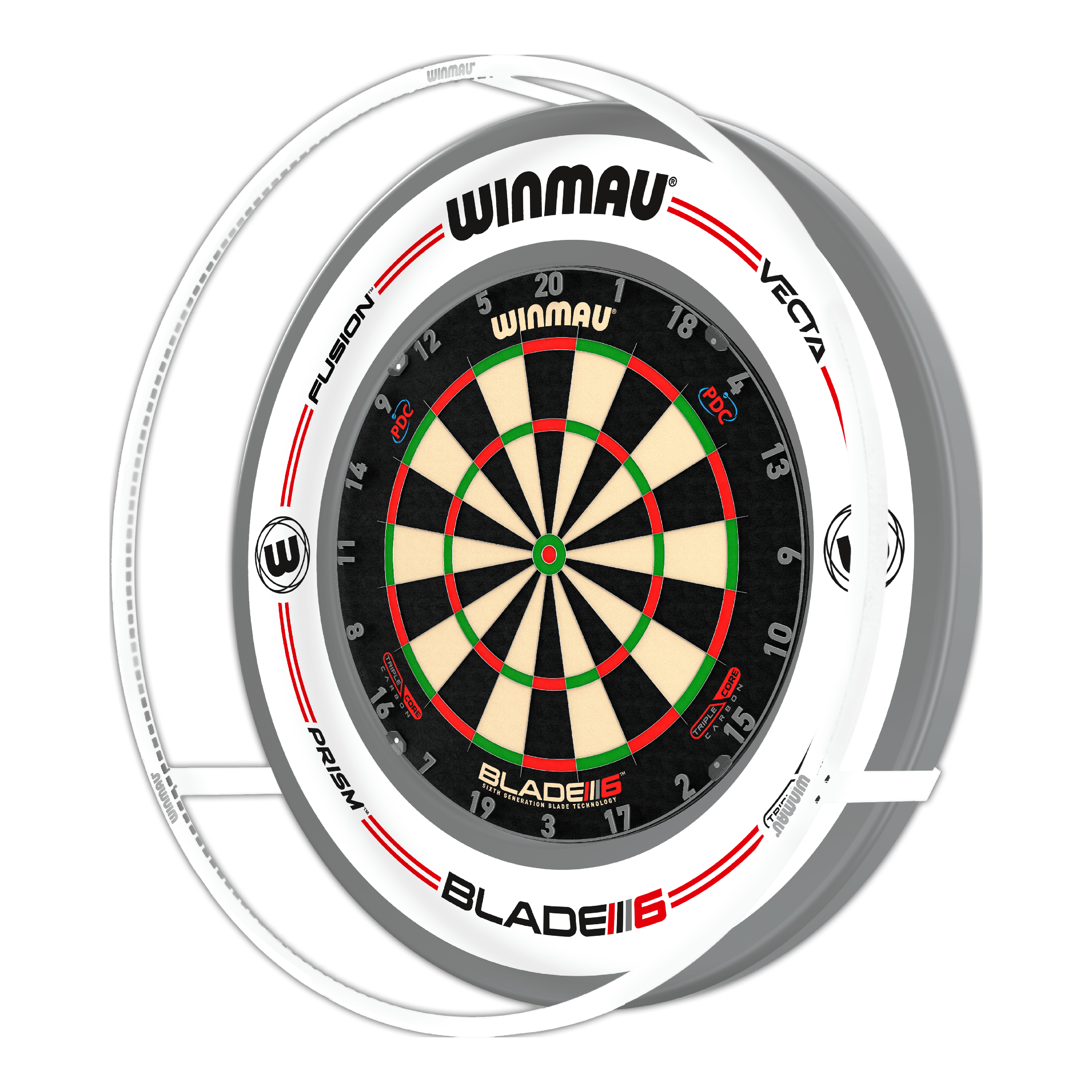 BUNDLE Winmau Plasma Ice LED Lighting and Surround Das Bild zeigt ein Winmau Plasma Ice LED Beleuchtung und Surround Bundle mit einer Dartscheibe. Die Scheibe ist von einem beleuchteten Ring und einem weißen Surround umgeben.
