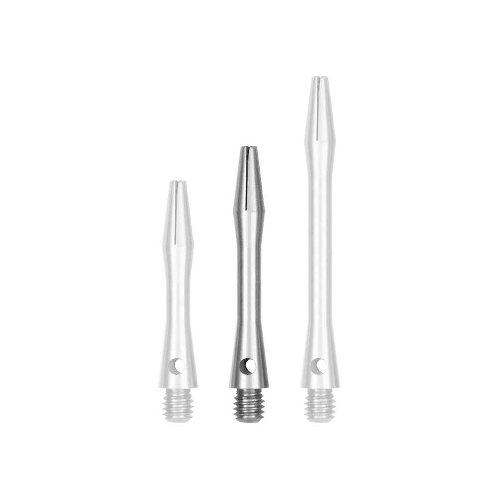 517_Aluminium_Shafts_Silber_35mm_131026s0NCubzI Auf dem Bild sind drei Aluminium Shafts in Silber zu sehen, die unterschiedlich lang sind. Sie haben ein glattes, glänzendes Finish und sind unten mit einem Gewinde versehen.