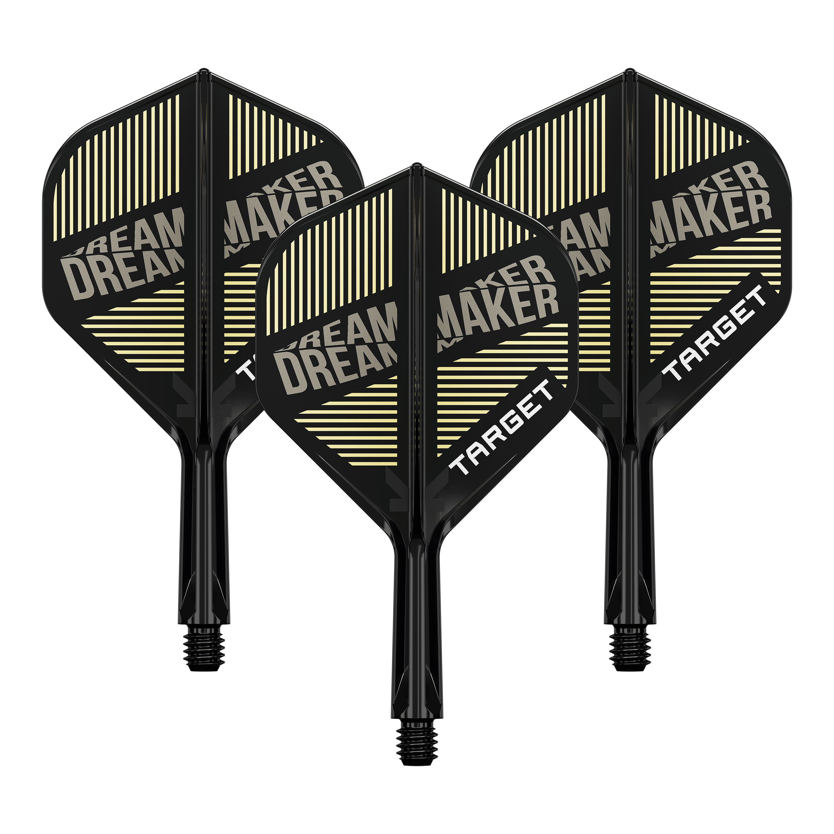 Target K-Flex Dimitri Van Den Bergh No2 Standard Flight Shaft System Auf dem Bild sind drei schwarze Dartflights mit integriertem Schaft zu sehen. Auf den Flights steht „DREAM MAKER“ und „TARGET“ in weißen Buchstaben.
