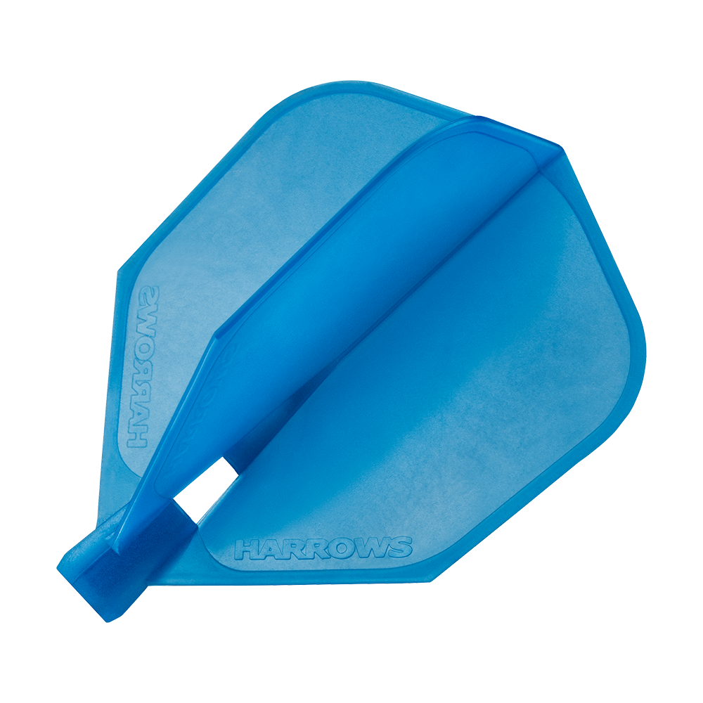 HRC-160_Harrows_Clic_Standard_Flight_Aqua_14D06jby3S1yYD Das Bild zeigt einen Harrows Clic Standard Flight in der Farbe Aqua. Es handelt sich um ein blaues Dart-Flight-Zubehör mit dem Schriftzug "HARROWS".