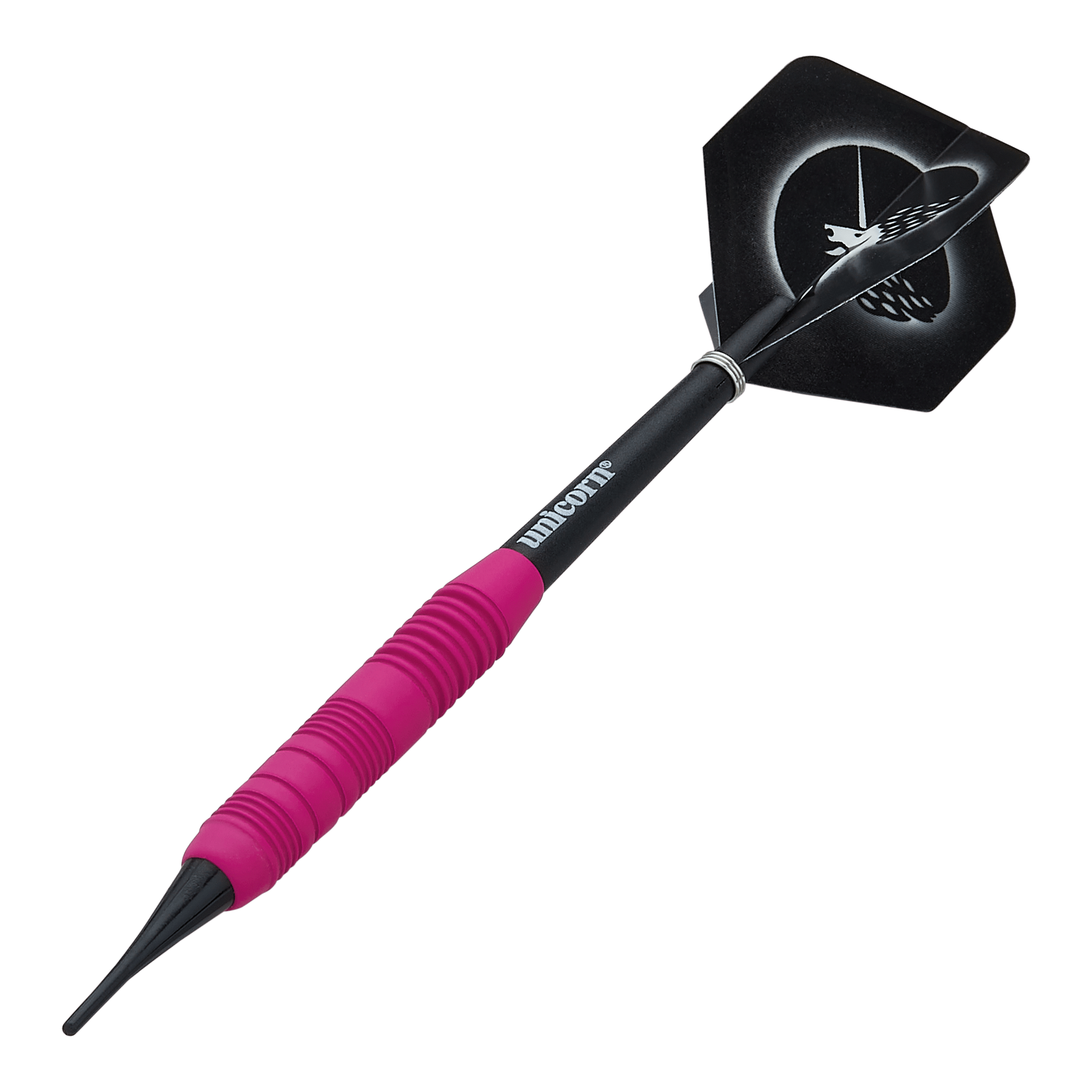 Unicorn Core Plus Rubberised Pink Softdarts - 19g Das Bild zeigt einen pinken, gummierten Softdart namens "Unicorn Core Plus" mit einem Gewicht von 19g. Der Dartpfeil hat einen schwarzen Schaft und Flights mit einem Einhorn-Design.
