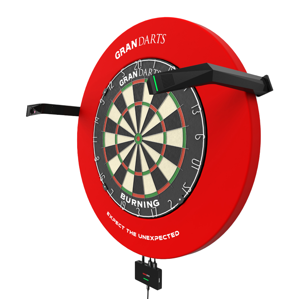GranDarts Gran Eye GEN2 Steeldart auto scoring system Das Bild zeigt das GranDarts GranEye Steeldart Auto-Scoring-System mit einer roten Umrandung um die Dartscheibe. Zwei schwarze Arme mit Sensoren ragen seitlich heraus, um die automatische Punktezählung zu ermöglichen.