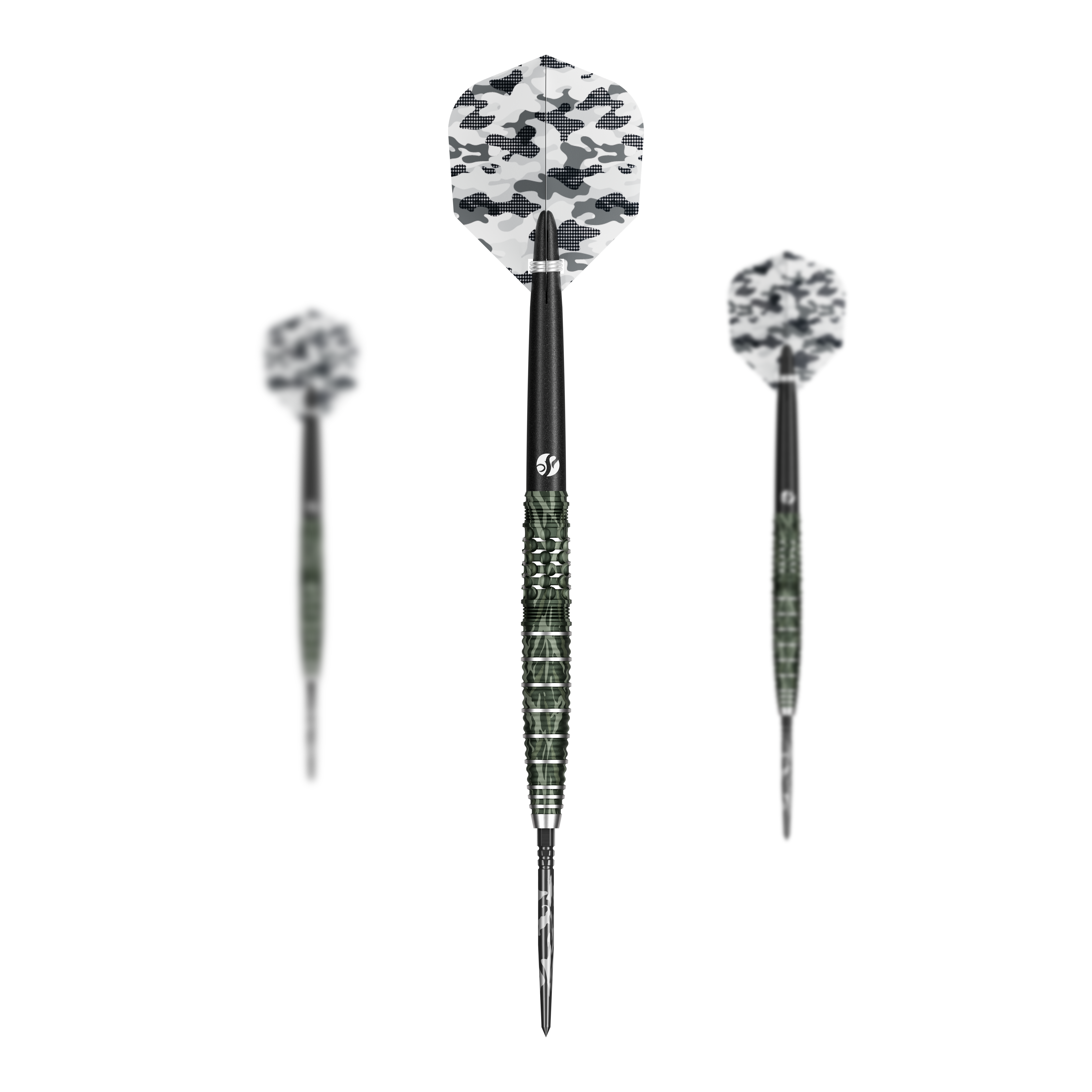 Shot Camo Ghillie Turbo Point Steeldarts 23 Gramm im Set werden gezeigt. Die Darts haben ein spezielles Tarnmuster.