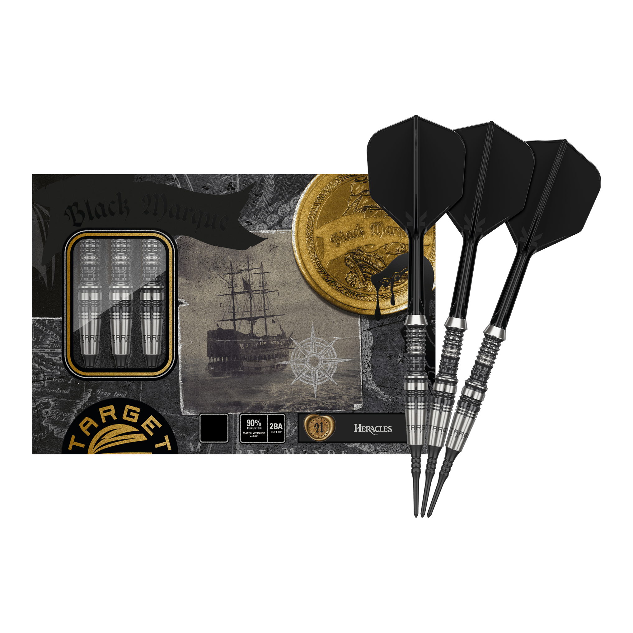 Target Japan Black Marque Heracles Soft Darts - 18g Das Bild zeigt das Produkt "Target Japan Black Marque Heracles Softdarts - 18g" mit drei schwarzen Softdarts. Die Verpackung ist mit maritimen Motiven und goldenen Details gestaltet.