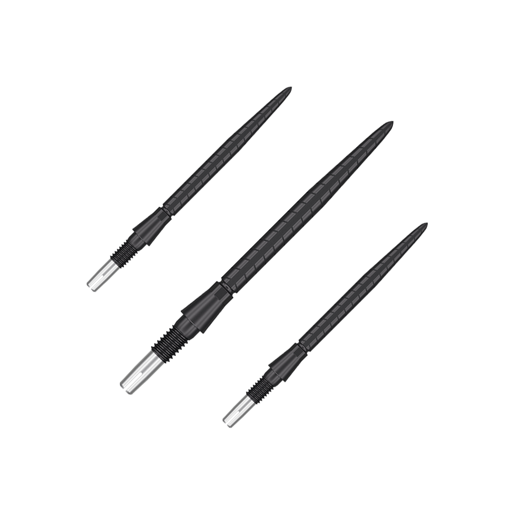 Target Swiss Storm Quartz Dart Tips - Black Das Bild zeigt drei schwarze Dartspitzen mit silbernem Schraubgewinde. Sie sind nebeneinander auf einem transparenten Hintergrund angeordnet.