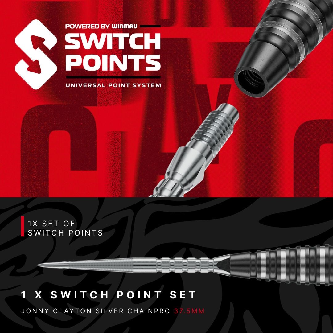 Red Dragon Jonny Clayton RD-PRO Switch Point Steel Darts Das Bild präsentiert Red Dragon Jonny Clayton RD-PRO Switch Point Steeldarts. Die Dartpfeile sind geordnet auf einer hellen Fläche zu sehen.