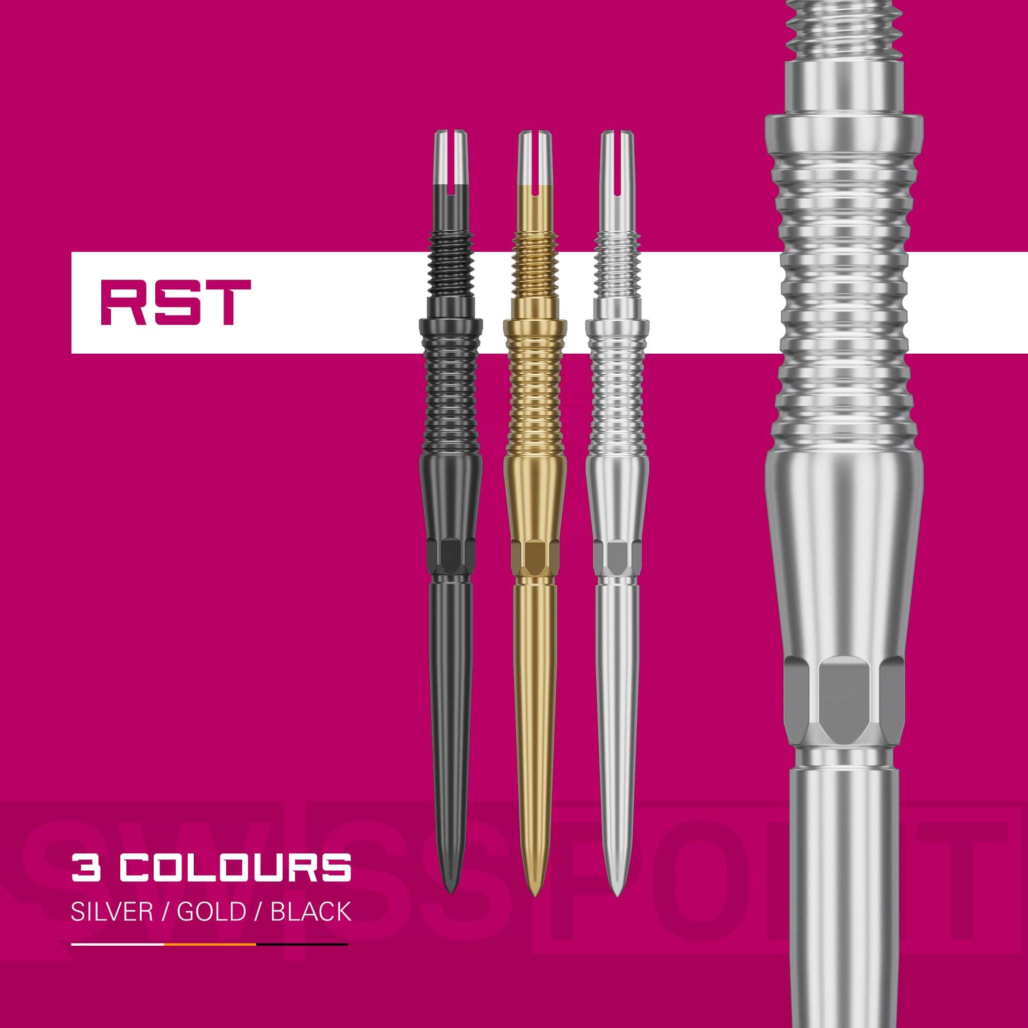 Target Swiss Point Dartspitzen Signature RST - Silber wird dargestellt. Die Spitzen sind robust und elegant gestaltet.