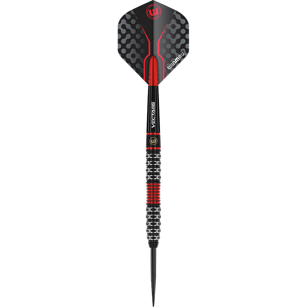 1470_Winmau_Joe_Cullen_Special_Edition_Steeldarts_1YMYzkFUEs5cUN Der Dartpfeil hat ein modernes schwarzes und rotes Design mit silbernen Akzenten. Am Schaft steht „Winmau“ und der Griff hat markante Rillen für besseren Halt.