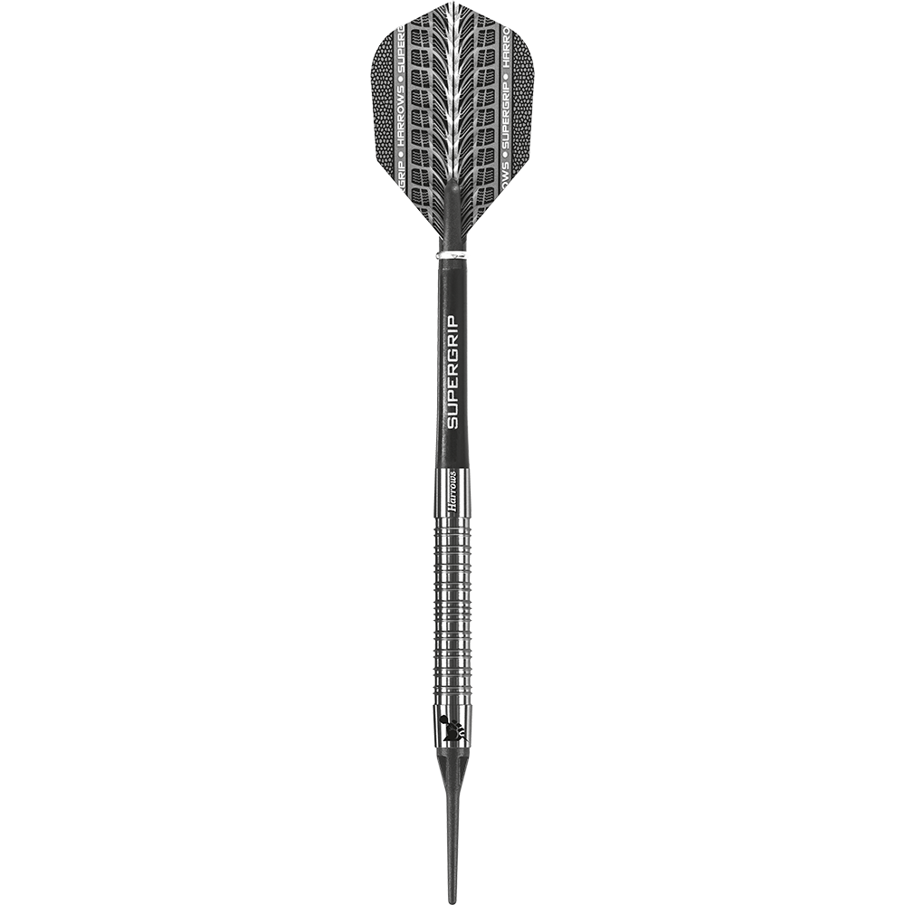 Das Bild zeigt einen Harrows Supergrip 90% Softdart. Der Dart ist silberfarben mit schwarzen Akzenten und einer beschrifteten Flights.