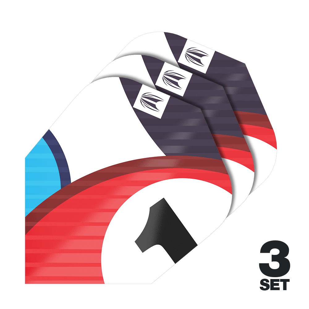 Target Pro Ultra Chicane Blue Ten-X Flights - 3 sets Das Bild zeigt drei Sets der Target Pro Ultra Chicane Blue Ten-X Flights. Die Flights haben ein farbenfrohes Design mit Rot, Blau, Weiß und Schwarz sowie einer Nummer 1.