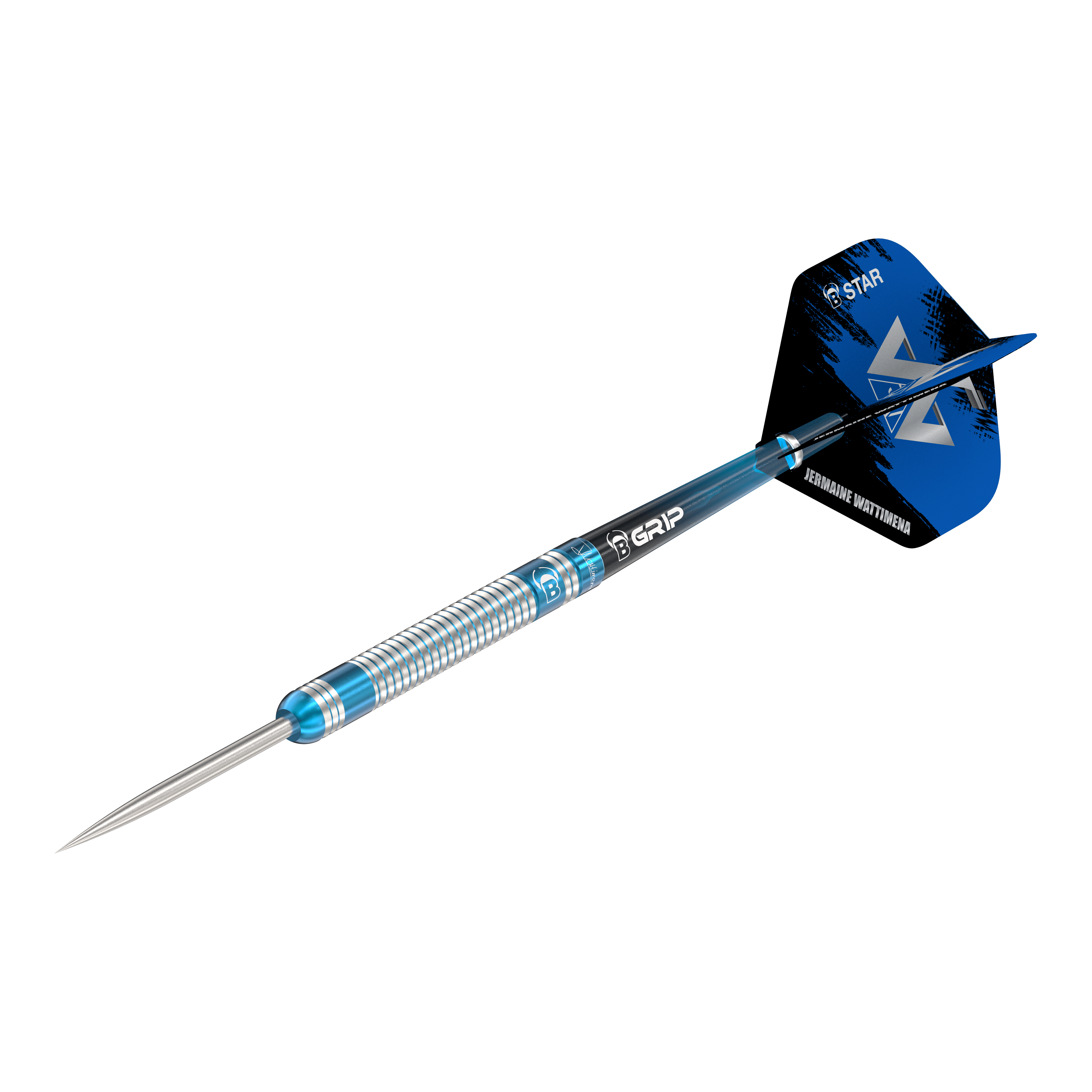 Bulls Jermaine Wattimena Generation 3 steel darts Das Bild zeigt einen Steeldartpfeil mit silber-blauer Riffelung am Barrel. Auf dem Flight steht „Jermaine Wattimena“ und er ist mit dem Produktnamen „Bulls Jermaine Wattimena Generation 3 Steeldarts“ versehen.