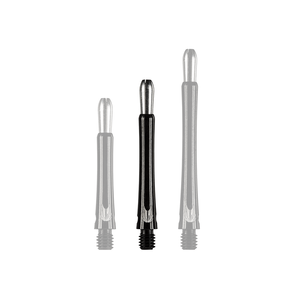 Auf dem Bild sind drei unterschiedlich lange schwarze Aluminiumschäfte für Darts zu sehen. Sie stehen nebeneinander aufrecht auf einem neutralen Hintergrund.
