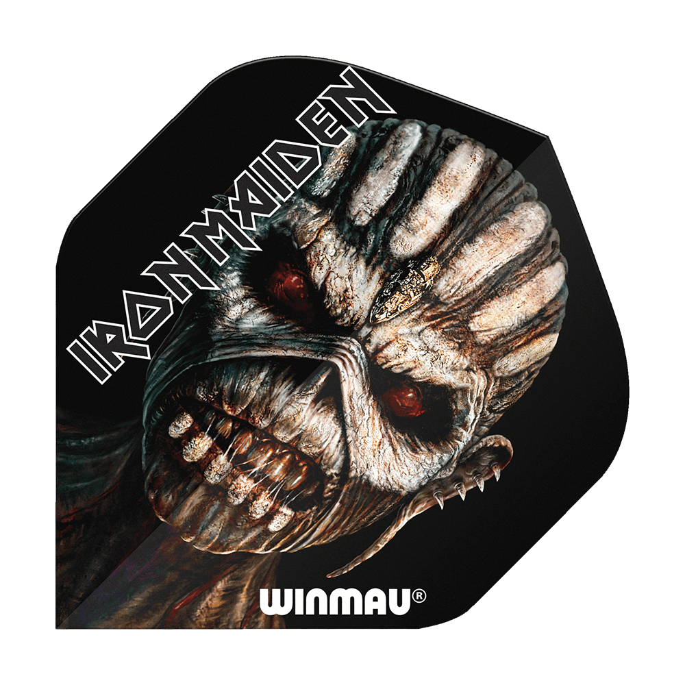 Das Bild zeigt ein Dartflight mit dem Motiv des Iron Maiden Albums "The Book of Souls". Oben steht "IRON MAIDEN" und unten ist das Winmau-Logo abgebildet.