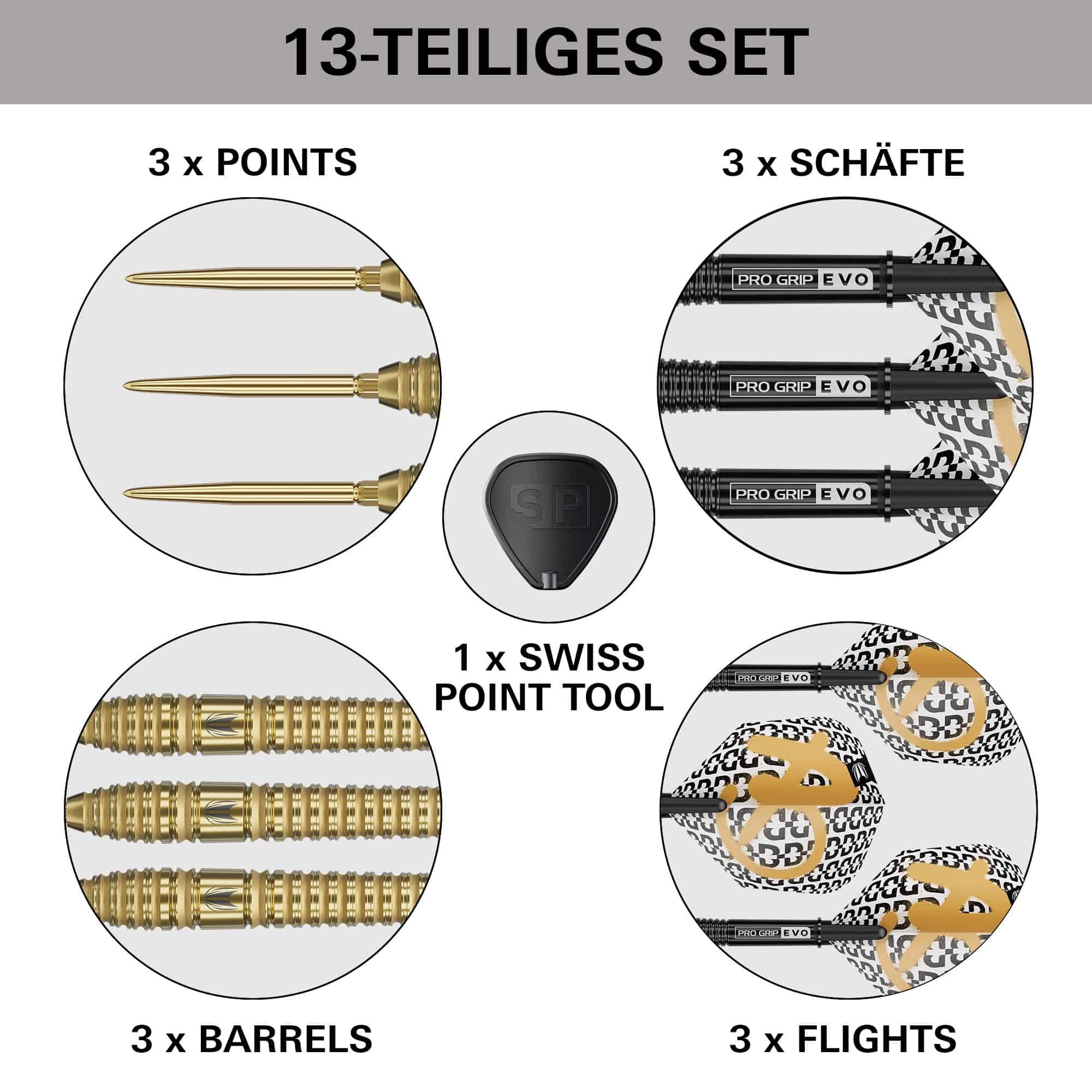 Target Bolide Envy 03 Swiss Point Steeldarts, abgebildet auf dem Produktbild. Es handelt sich um Steeldarts mit Swiss Point System.