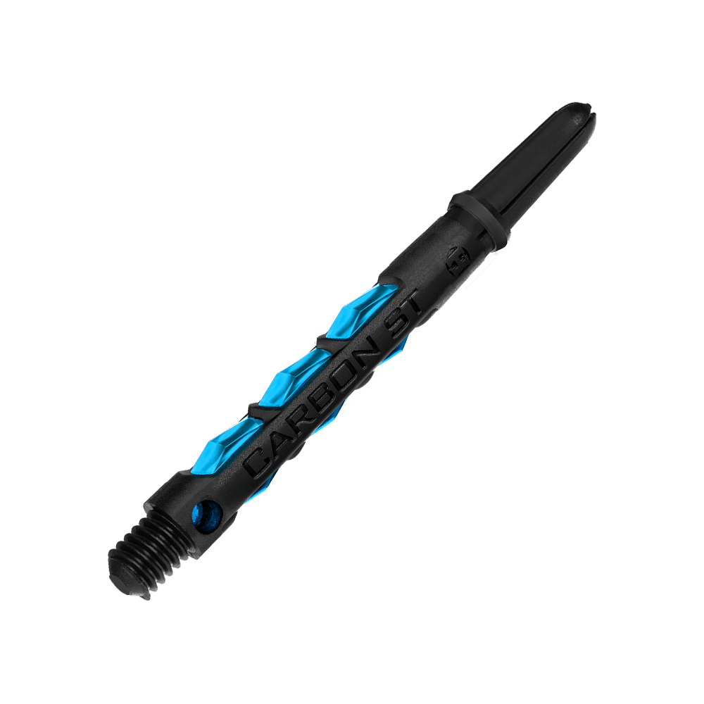 HR412_Harrows_Carbon_ST_Shafts_Aqua_47mm_2 Auf dem Bild ist ein Harrows Carbon ST Shaft in der Farbe Aqua zu sehen. Der Schaft ist schwarz mit blauen Akzenten und besteht aus robustem Carbonmaterial.