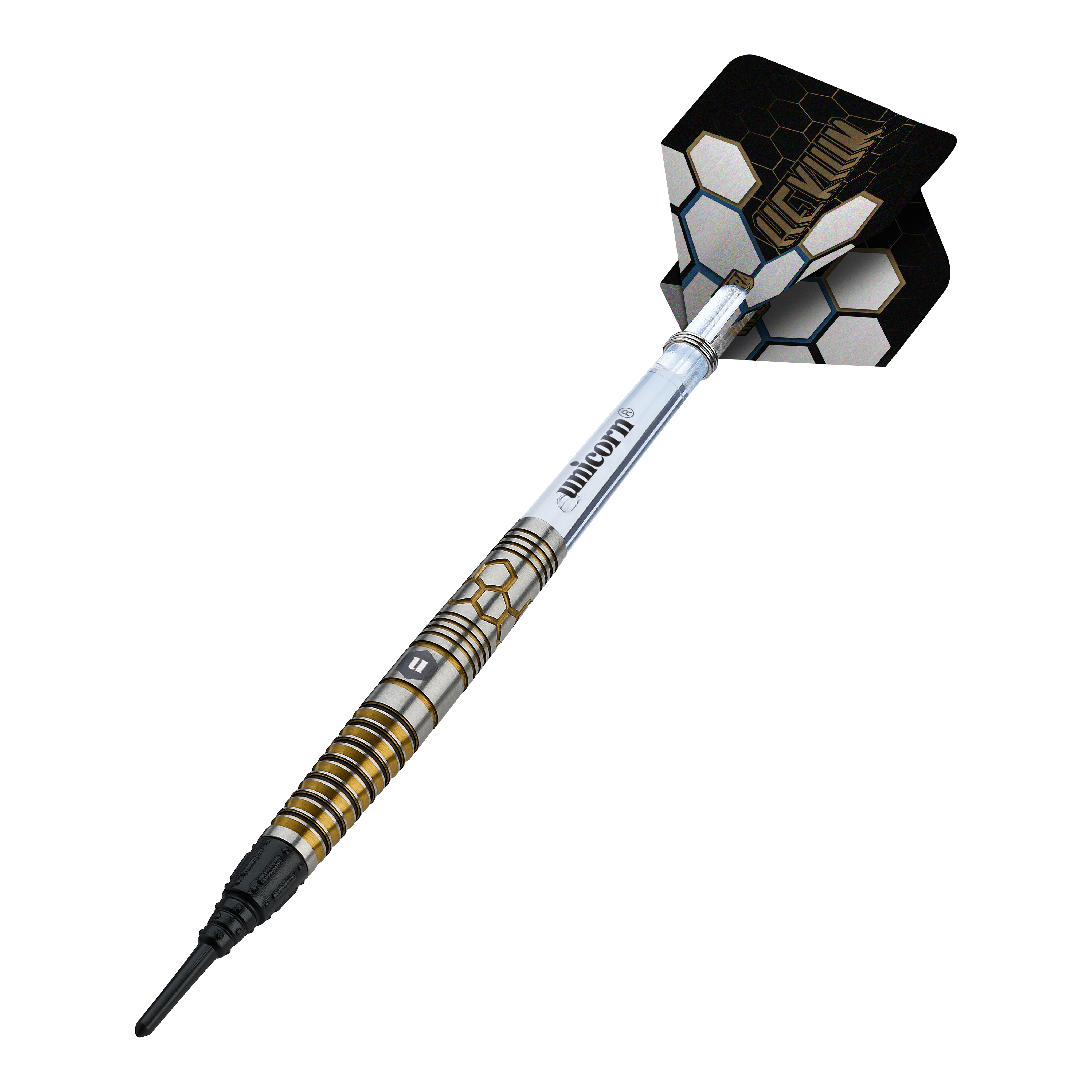 Unicorn Hexium Style 03 Gold & Black Soft Darts - 23g Auf diesem Bild sind Unicorn Hexium Style 03 Gold & Black Softdarts, 23g, dargestellt. Die Pfeile kombinieren goldene und schwarze Elemente im Design.