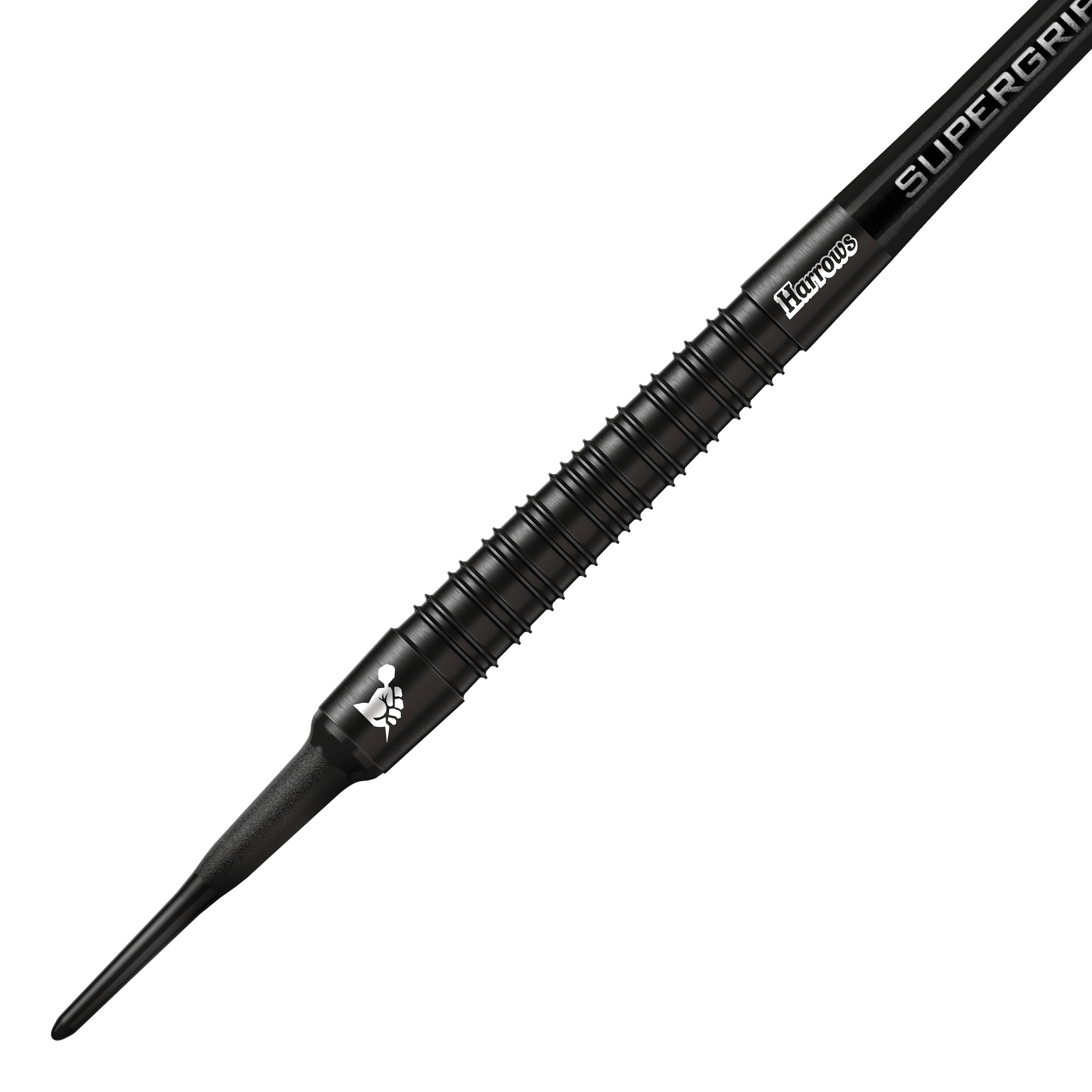 Harrows Supergrip Black Edition soft darts Das Bild zeigt einen Harrows Supergrip Black-Edition Softdart. Der Dart ist komplett schwarz und hat eine strukturierte Griffoberfläche.
