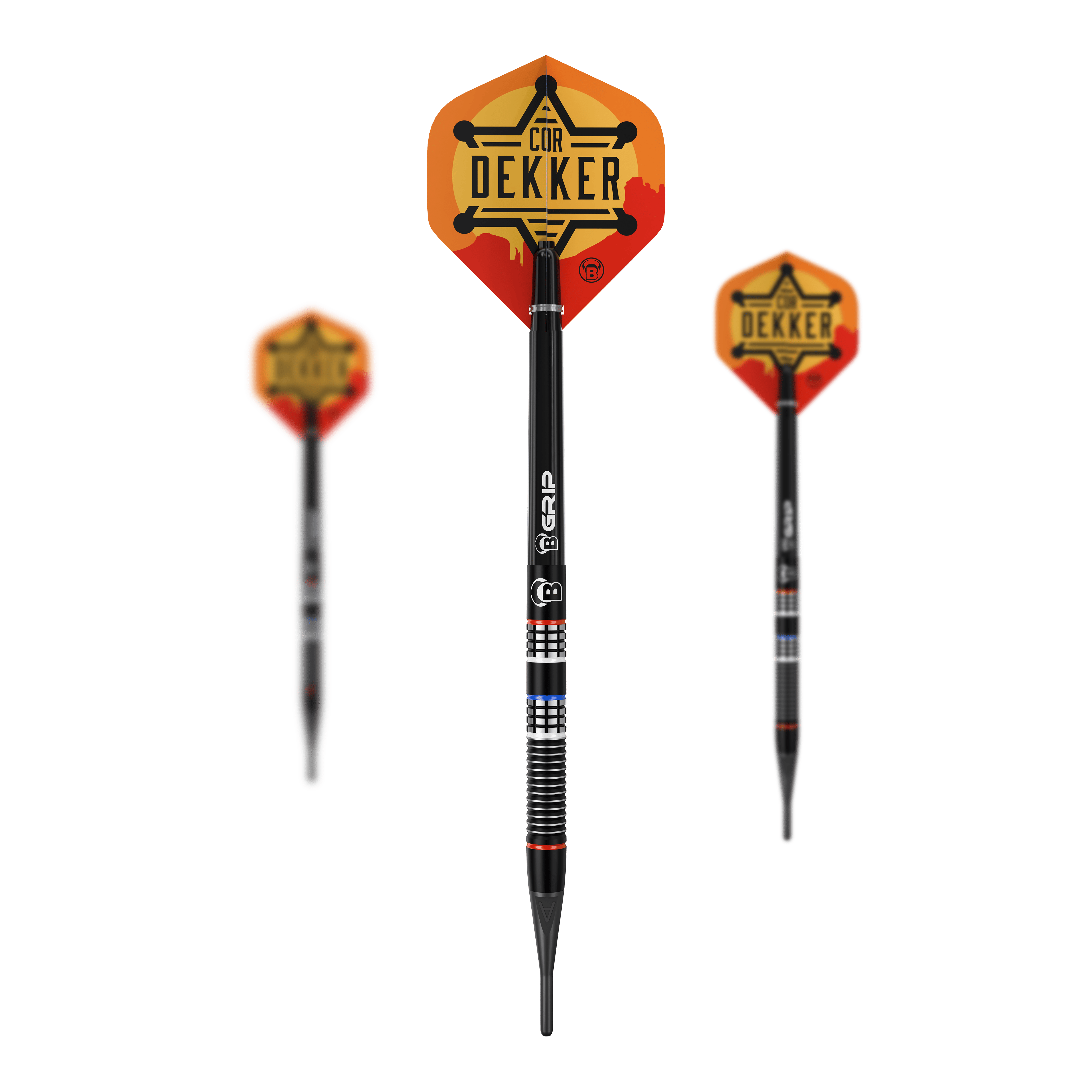 Auf diesem Bild sieht man die Bulls Cor Dekker The Sheriff Softdarts - 20g als komplettes Set. Die Darts liegen nebeneinander angeordnet.