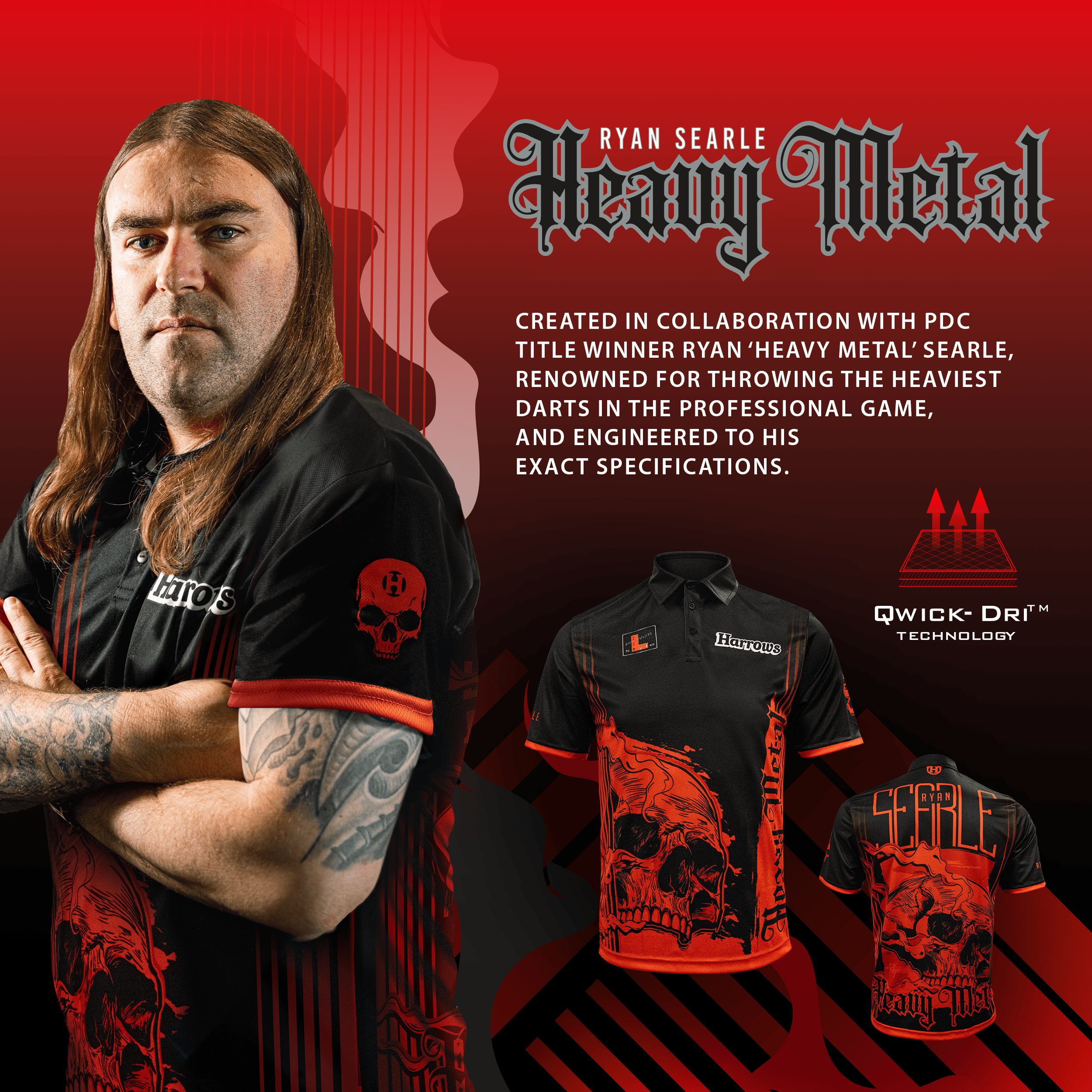 Harrow's Ryan Searle Heavy Metal Player Shirt Das Bild zeigt das Harrows Ryan Searle Heavy Metal Playershirt. Dieses Dartshirt ist bei Spielern sehr beliebt.