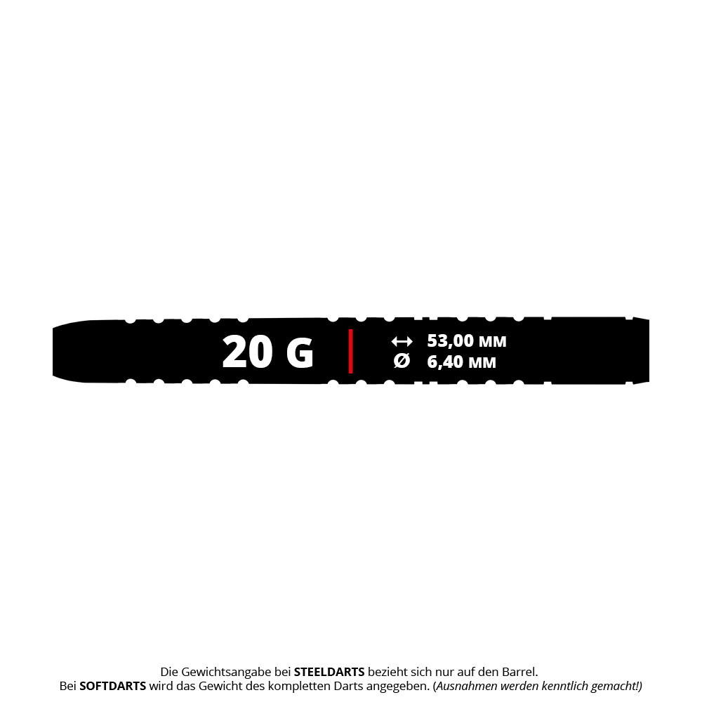 Winmau Michael Van Gerwen Evo-X soft darts - 20g Das Bild zeigt die Maße und das Gewicht des Winmau Michael Van Gerwen Evo-X Softdarts mit 20 Gramm. Der Dart ist 53,00 mm lang und hat einen Durchmesser von 6,40 mm.