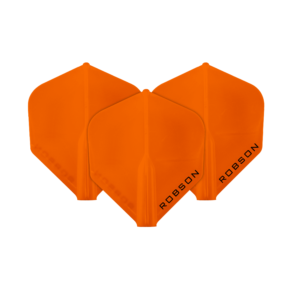 Robson Plus Flights - Standard Das Bild zeigt drei orangefarbene Dartflights. Auf jedem Flight steht das Wort "ROBSON" geschrieben.