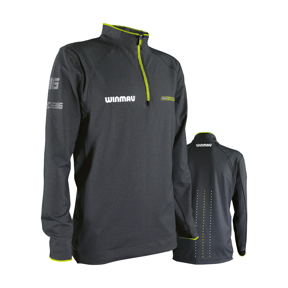 8409_Winmau_Michael_Van_Gerwen_Alpine_Top_Longsleeve_0_NEU Das Bild zeigt ein dunkelgraues Langarmshirt mit gelben Akzenten und einem Reißverschluss am Kragen. Auf dem Shirt sind die Logos "Winmau" und "MVG" zu sehen.