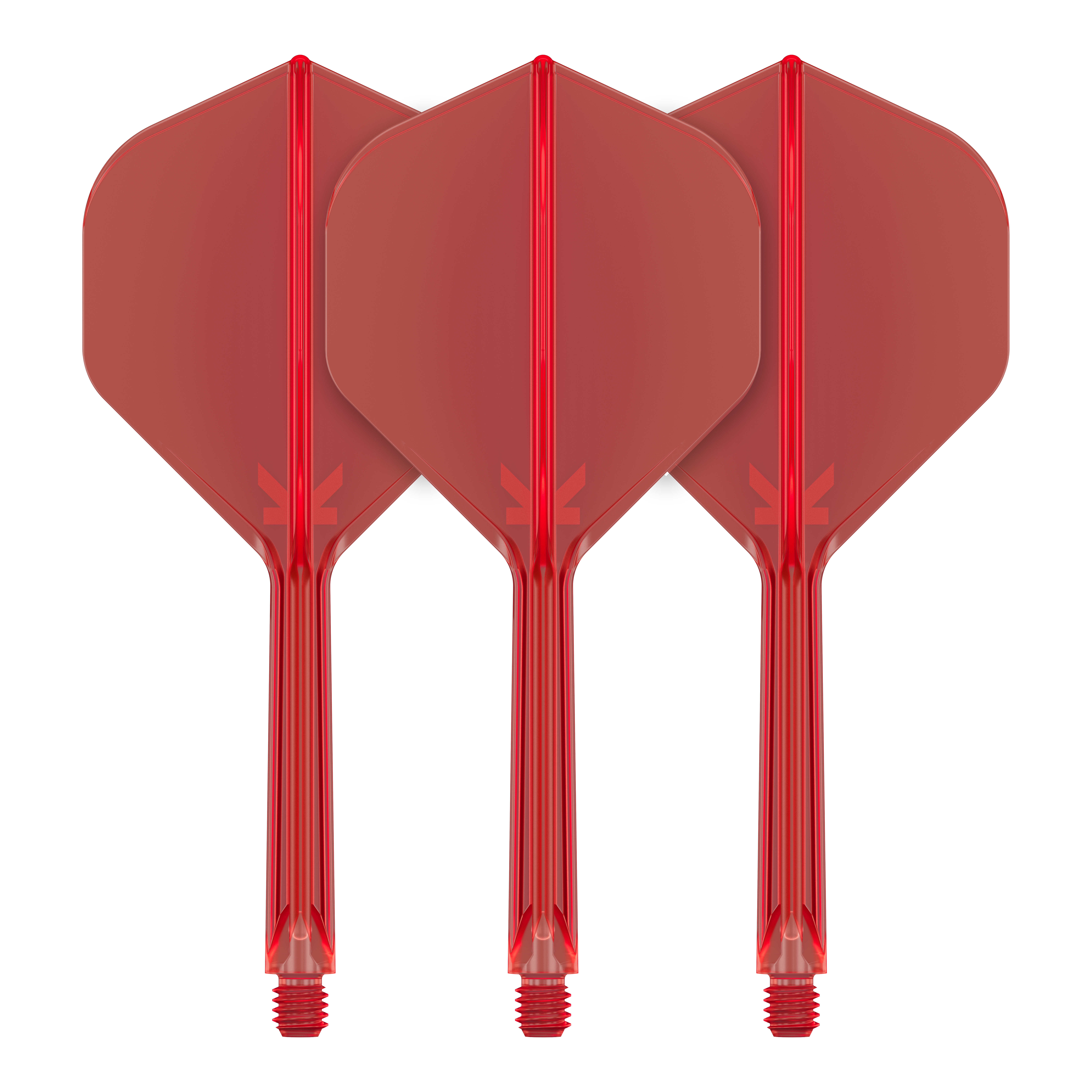 Target K-Flex No2 Standard Flight System - Red Auf dem Bild sind drei rote Dartflights mit Schäften zu sehen. Sie sind nebeneinander ausgerichtet und haben eine standardmäßige Pfeilform.