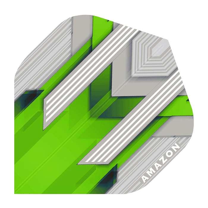A-32-Amazon-Silver-No2-Green-FlightsCy0CmZ2EKZdoD Das Bild zeigt ein grünes Dart Flight mit silbernen und weißen geometrischen Mustern. In der Ecke steht das Wort "AMAZON" in weißer Schrift.