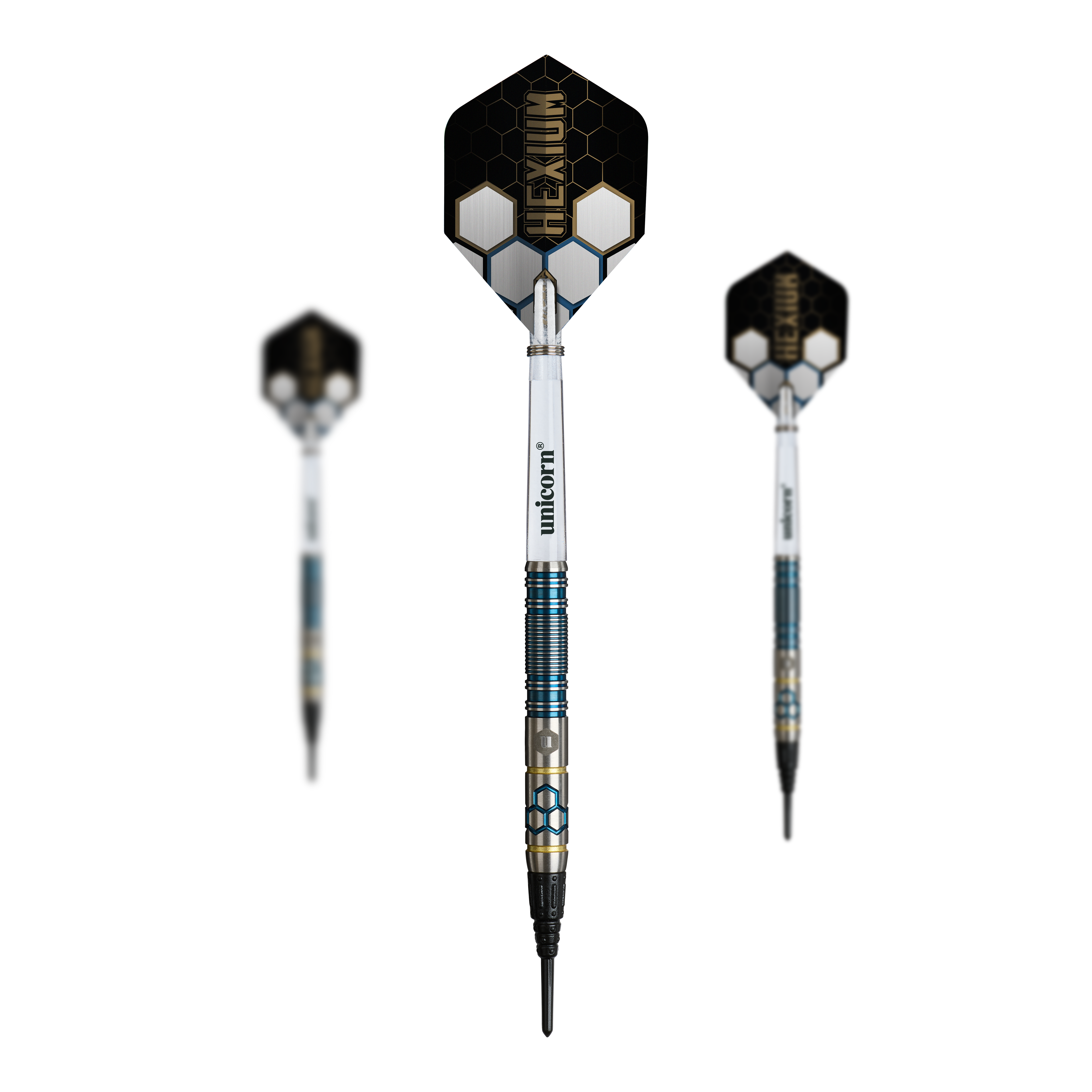 Unicorn Hexium Style 02 Blue & Gold Soft Darts - 21g Das Bild zeigt die Unicorn Hexium Style 02 Blue & Gold Softdarts - 21g als Set. Die Softdarts wirken hochwertig und zweifarbig.