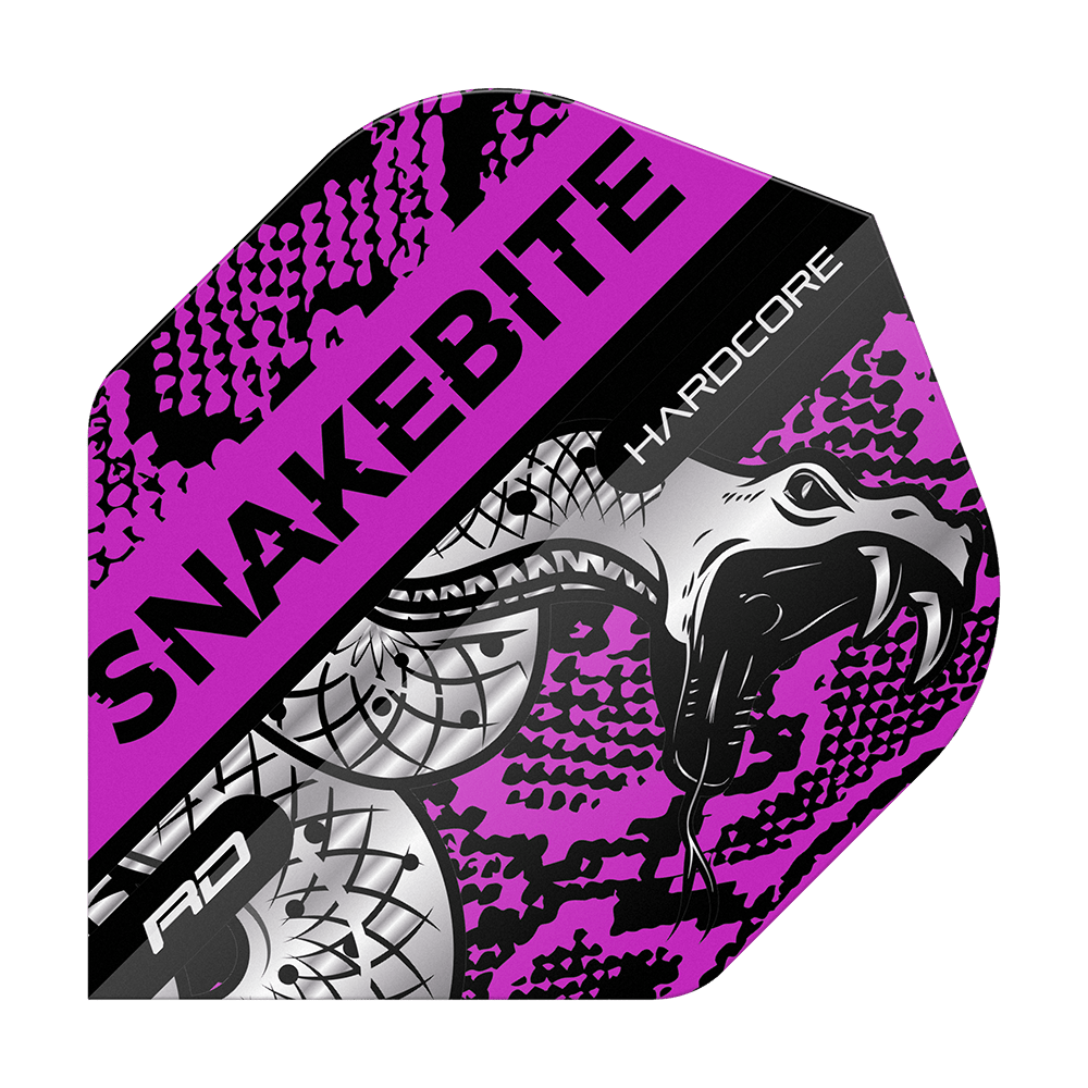 Dieses Bild zeigt ein Dart-Flight mit dem Namen "Red Dragon Hardcore Snakebite Coiled Snake Purple Standard Flights". Das Design ist lila, schwarz und silbern mit einer auffälligen Schlange und der Aufschrift "SNAKEBITE" und "HARDCORE".
