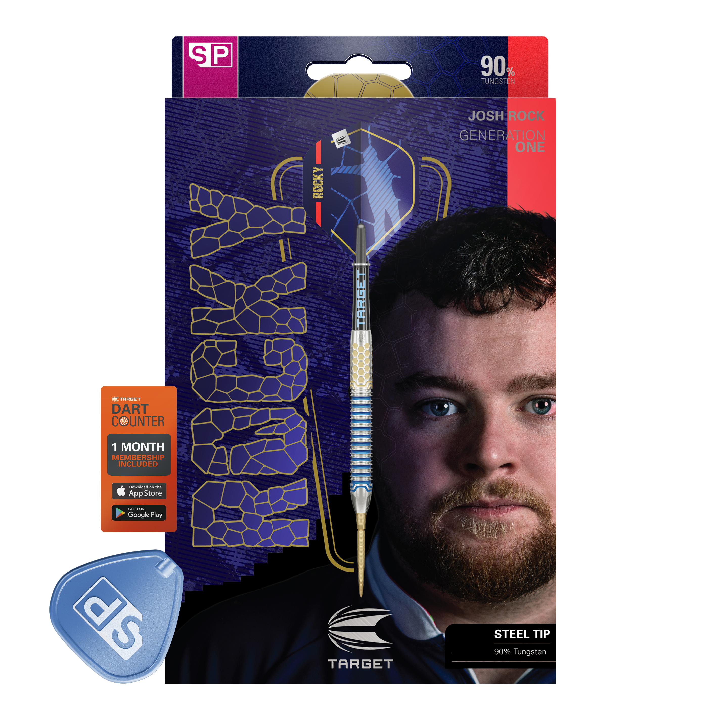 Target Josh Rock GEN1 Swiss Point Steel Darts Das Bild zeigt die Verpackung der "Target Josh Rock GEN1 Swiss Point Steeldarts". Auf der Verpackung ist ein Dart, der Name des Produkts und das Gesicht eines Mannes abgebildet.