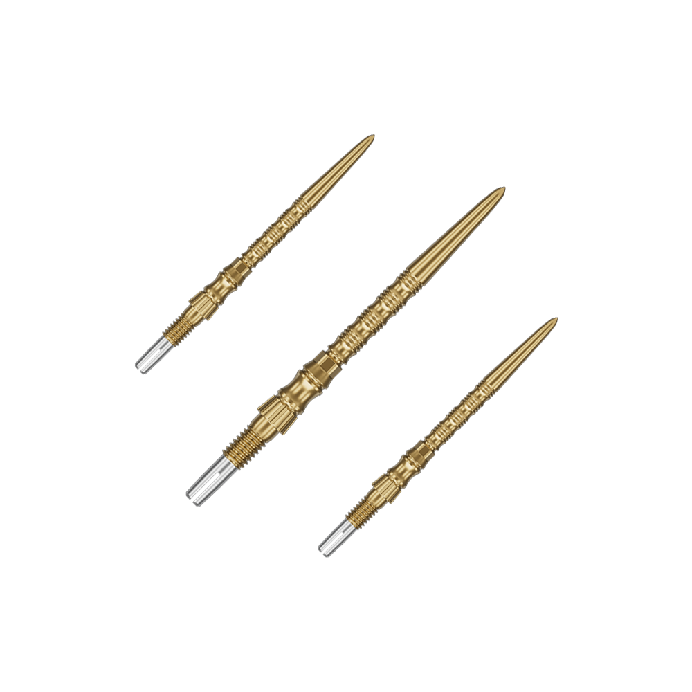 Target Signature Swiss Point TRB steel dart tips - gold Ein Set von Target SwissPoint Signature TRB Dartspitzen in Gold mit 30mm Länge ist zu sehen. Die Dartspitzen sind ordentlich angeordnet.