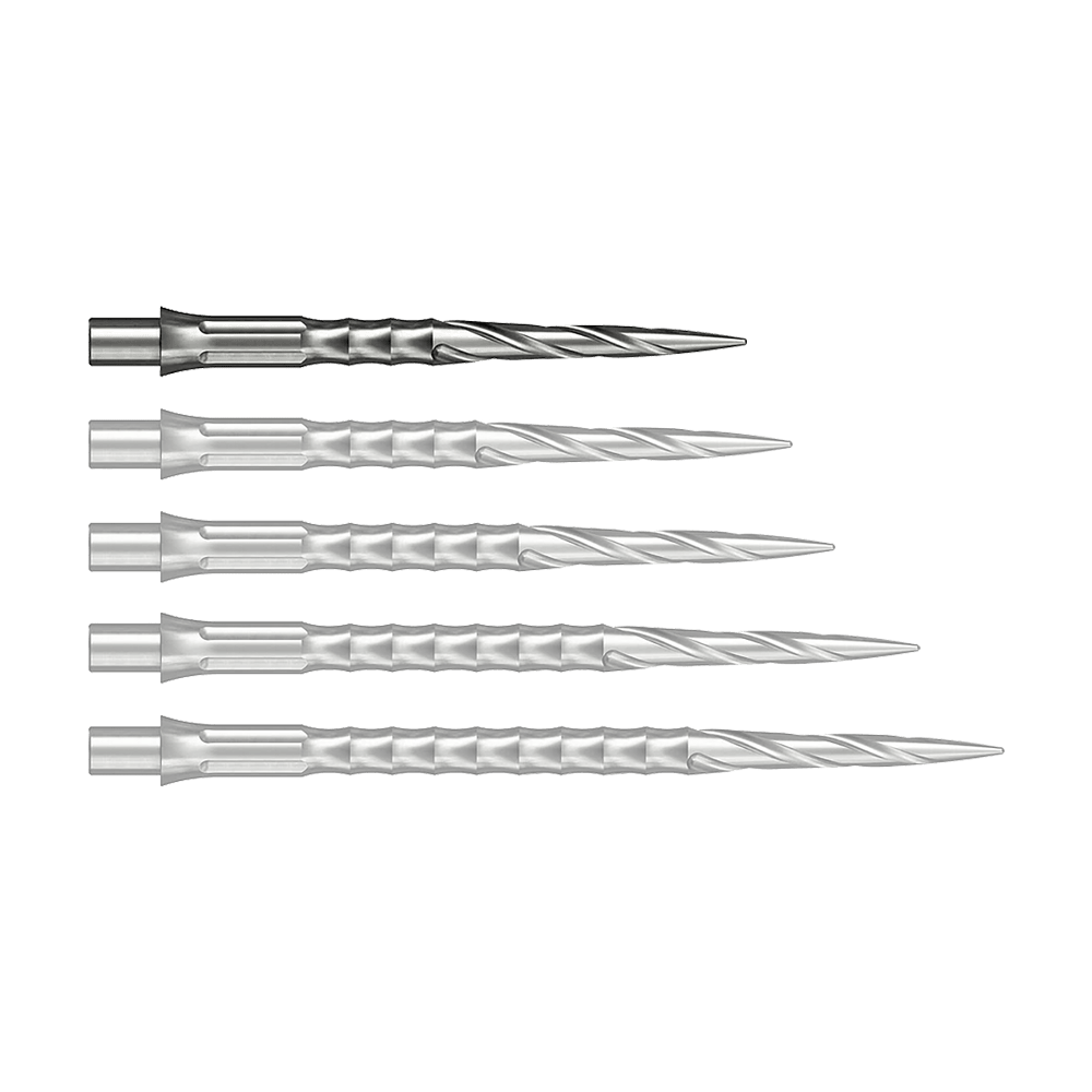 Caliburn System steel dart tips - Spiro - NoLip - silver Das Bild zeigt wahrscheinlich eine 28 mm lange Steeldartspitze aus Silber. Die Spitze ist Teil des Caliburn Evo Systems und trägt die Bezeichnung Spiro NoLip.